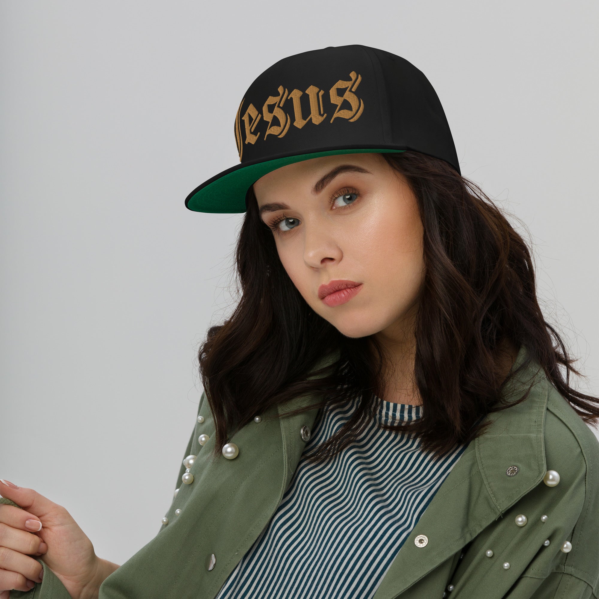 Jesus Tatoo Flat Bill Cap - Black / White with 3D Puff Embroidery Color: Black Jesus Passion Apparel