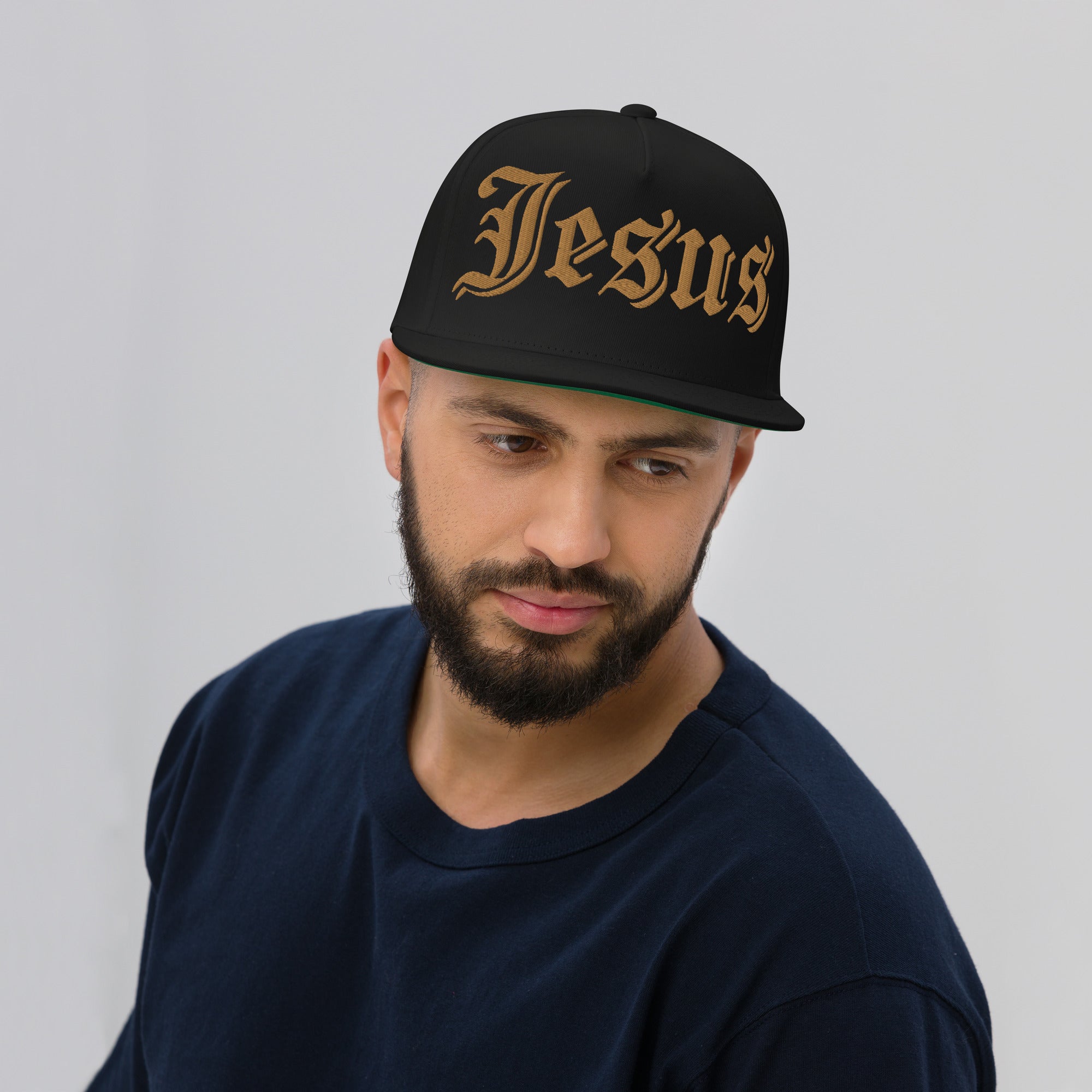 Jesus Tatoo Flat Bill Cap - Black / White with 3D Puff Embroidery Color: Black Jesus Passion Apparel