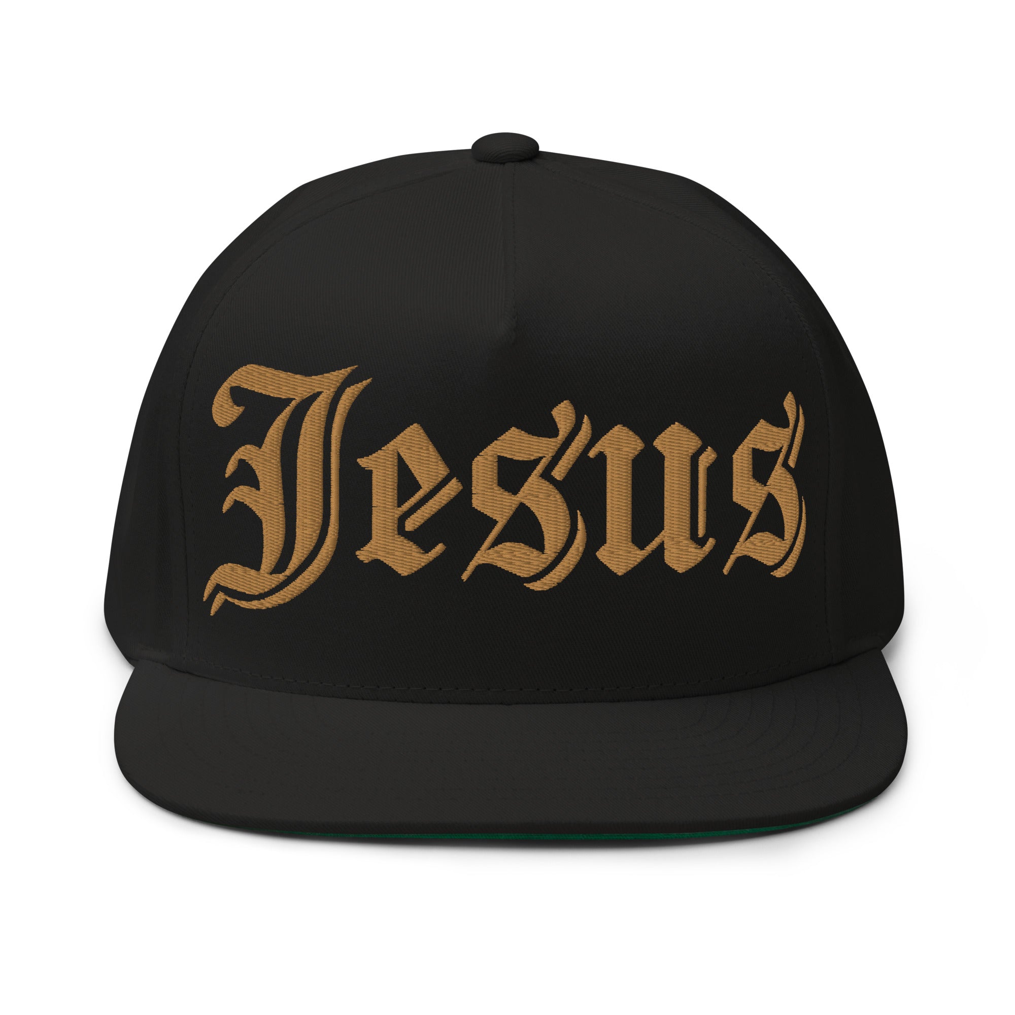 Jesus Tatoo Flat Bill Cap - Black / White with 3D Puff Embroidery Color: Black Jesus Passion Apparel