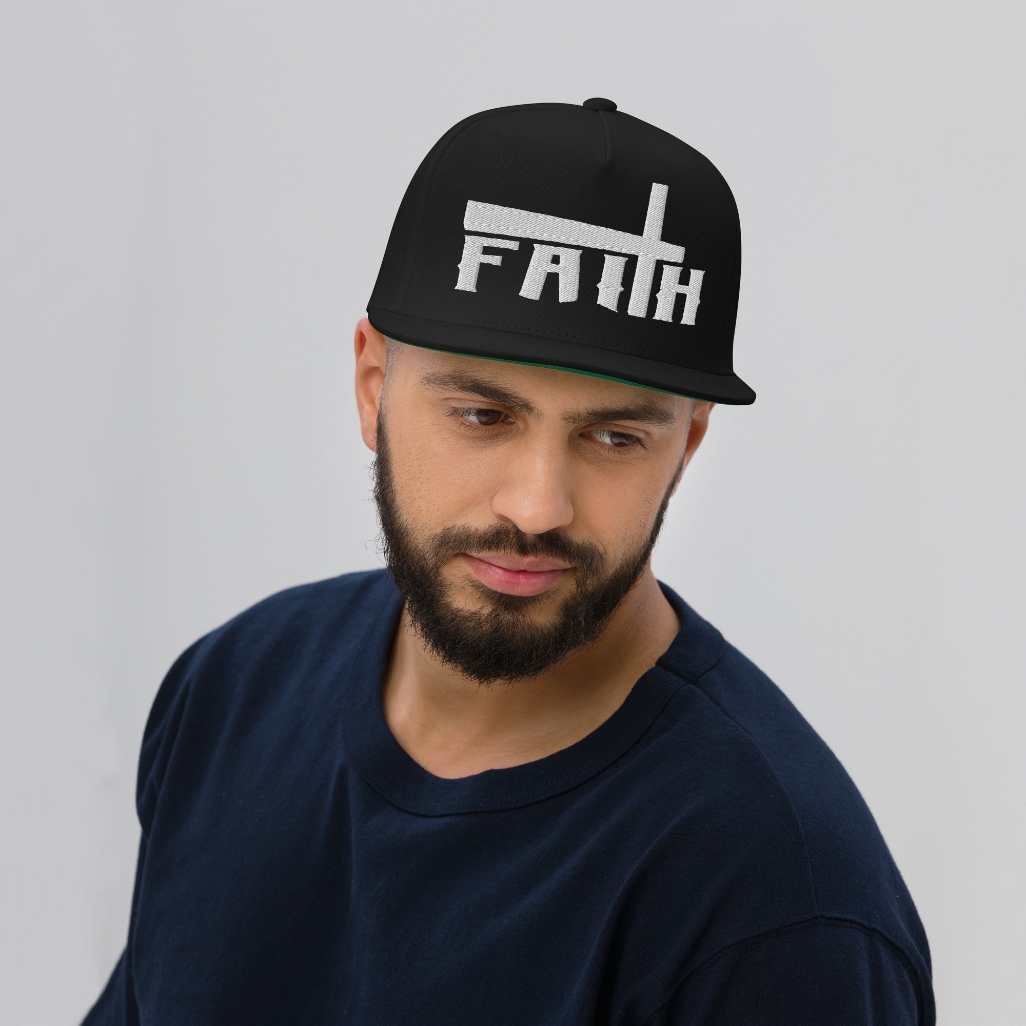 Faith and Cross Flat Bill Cap - Black with 3D White Embroidery Jesus Passion Apparel