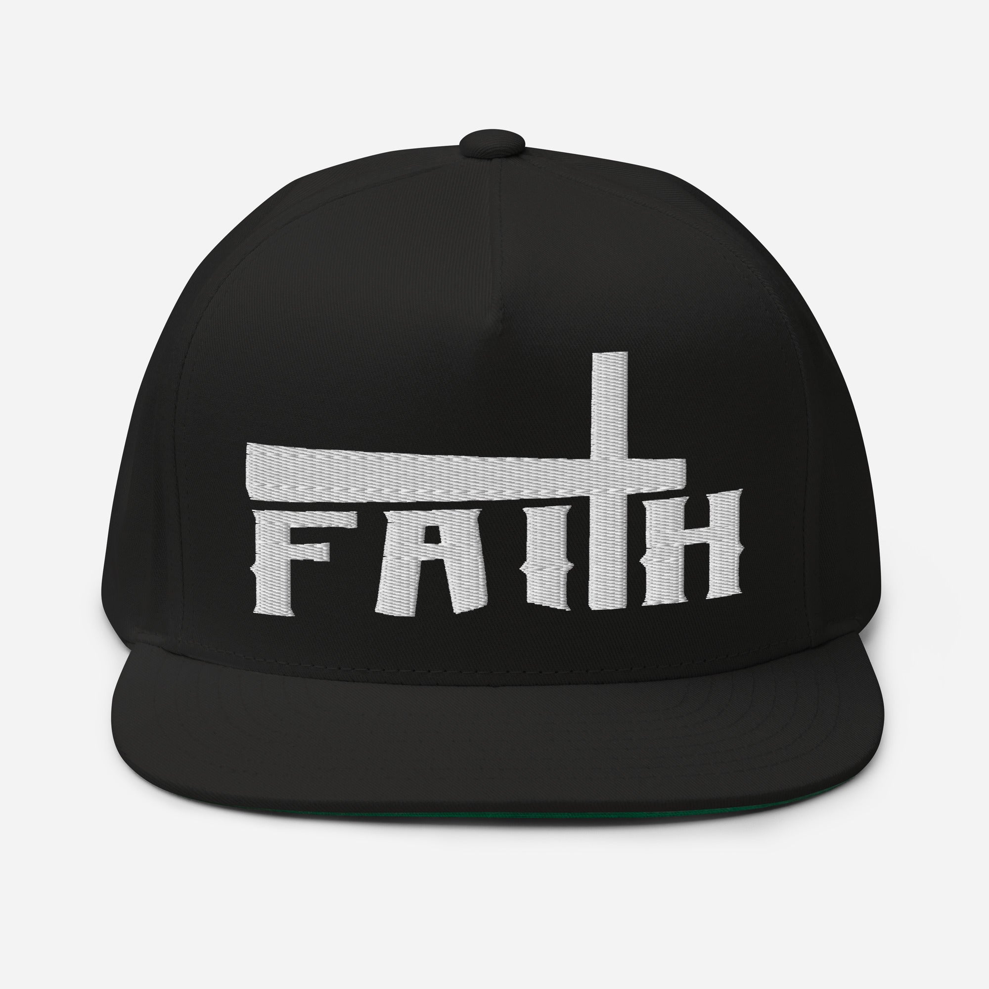 Faith and Cross Flat Bill Cap - Black with 3D White Embroidery Jesus Passion Apparel