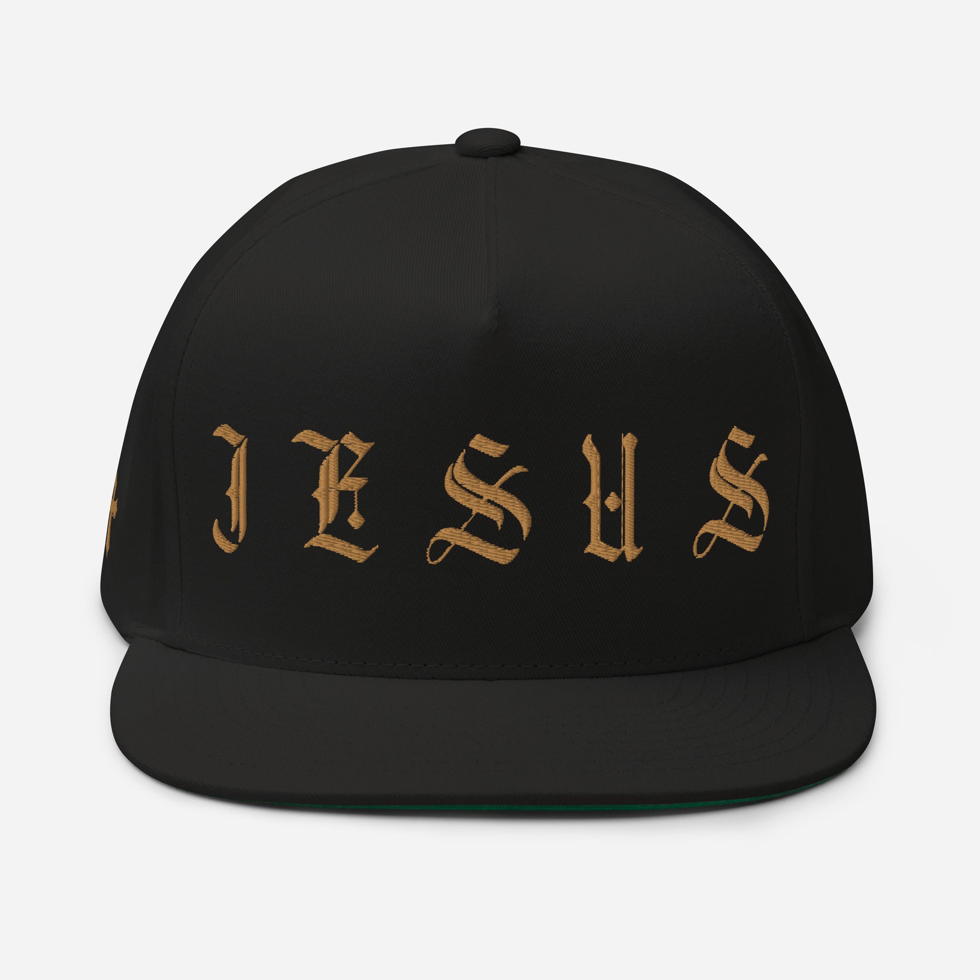 Jesus Tatoo-Inspired Flat Bill Cap with Cross R Side - Black / White with 3D Puff Embroidery Color: Black Jesus Passion Apparel