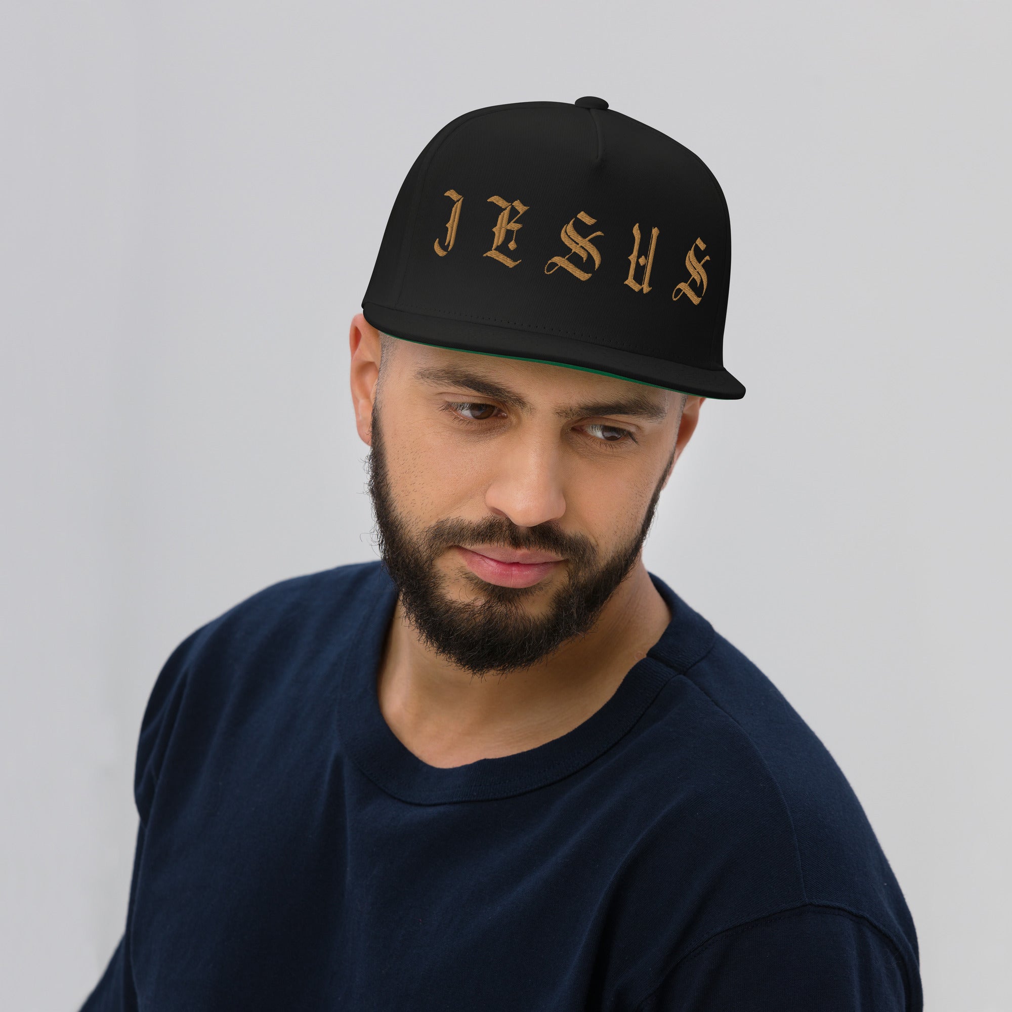 Jesus Tatoo-Inspired Flat Bill Cap with Cross R Side - Black / White with 3D Puff Embroidery Color: Black Jesus Passion Apparel