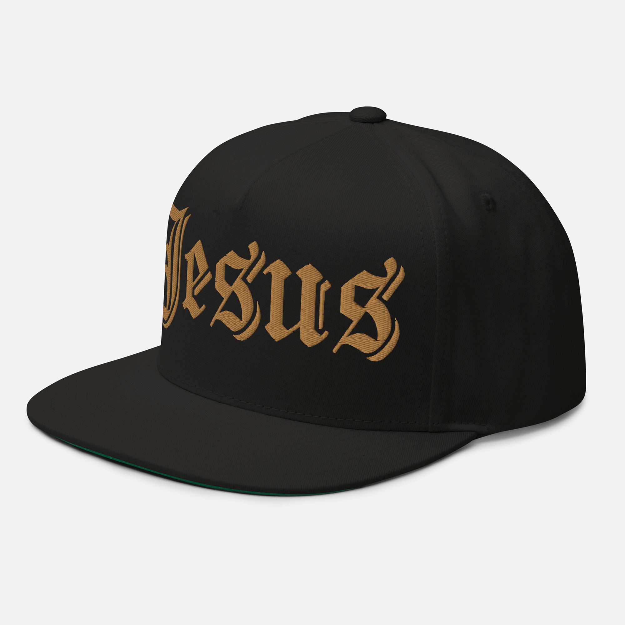 Jesus Tatoo Flat Bill Cap - Black / White with 3D Puff Embroidery Color: Black Jesus Passion Apparel