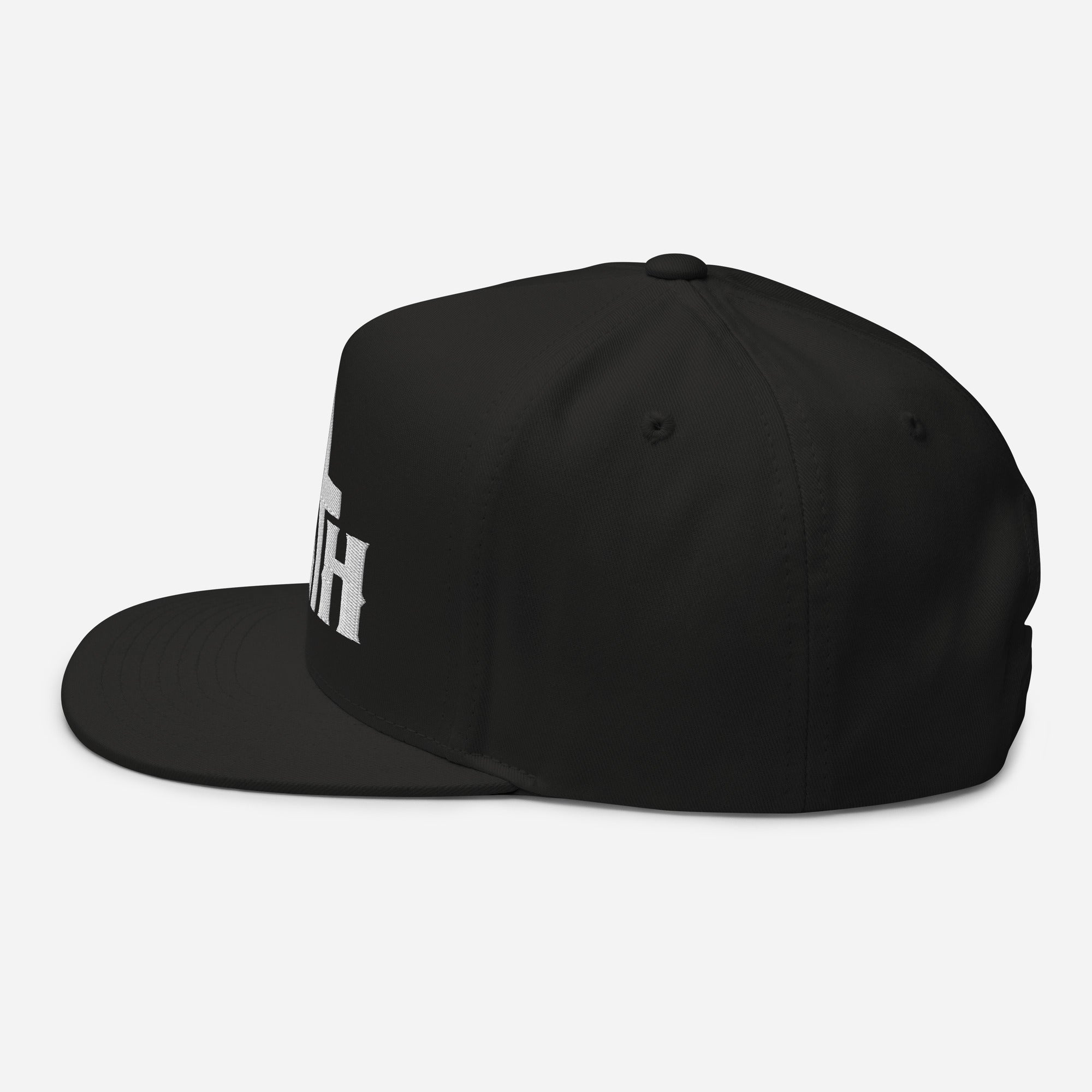 Faith and Cross Flat Bill Cap - Black with 3D White Embroidery Jesus Passion Apparel