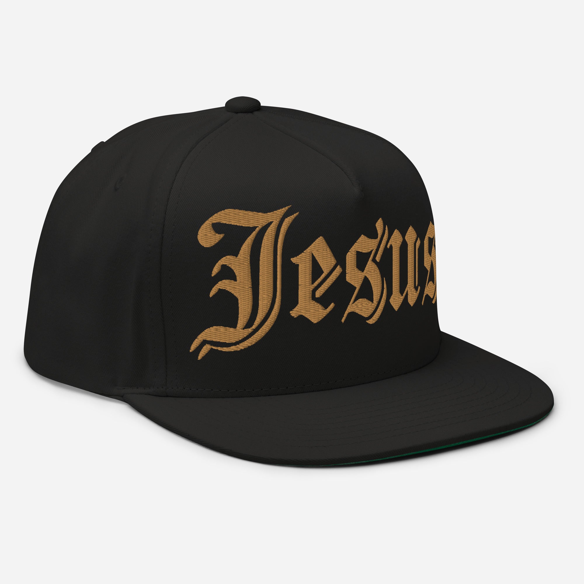 Jesus Tatoo Flat Bill Cap - Black / White with 3D Puff Embroidery Color: Black Jesus Passion Apparel