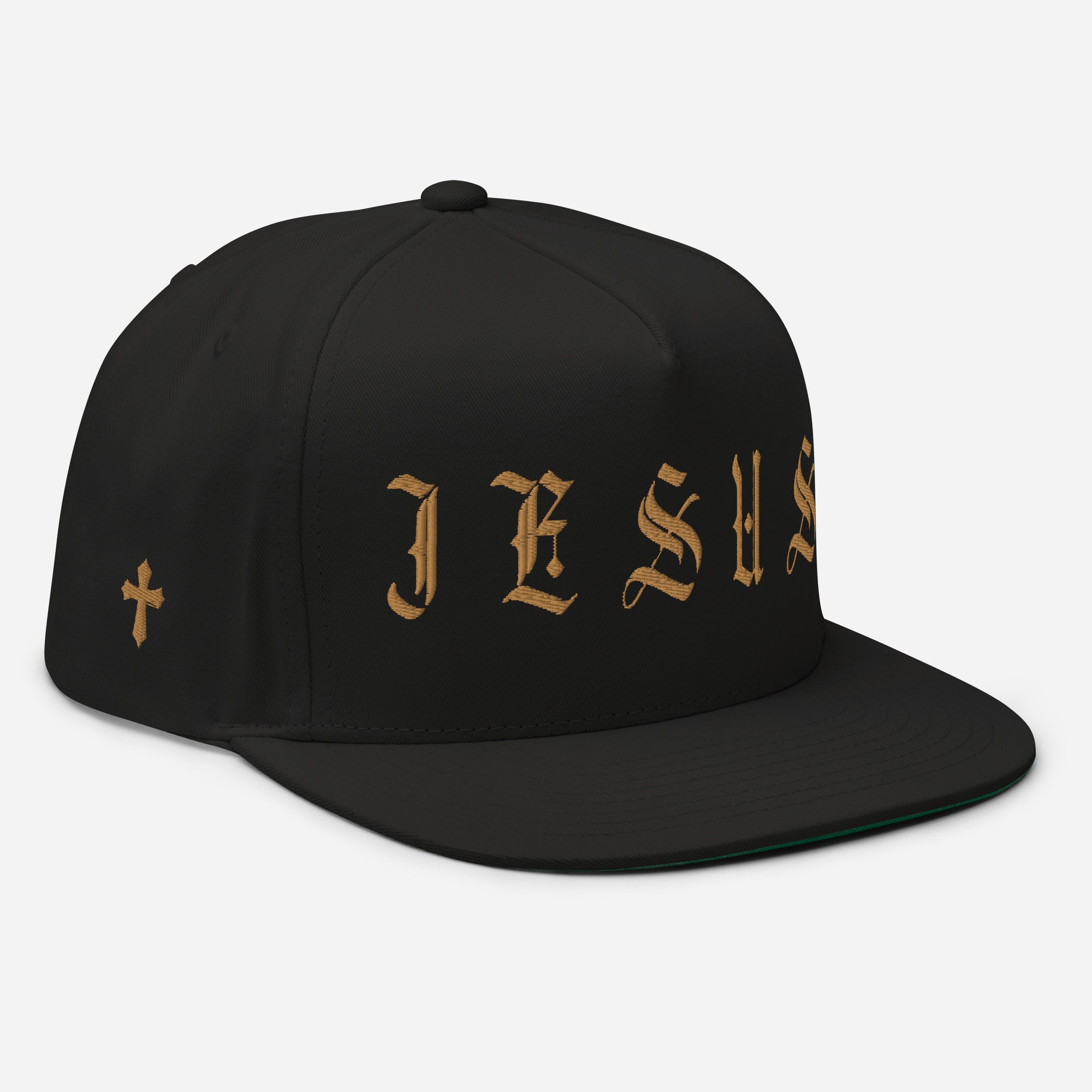 Jesus Tatoo-Inspired Flat Bill Cap with Cross R Side - Black / White with 3D Puff Embroidery Color: Black Jesus Passion Apparel