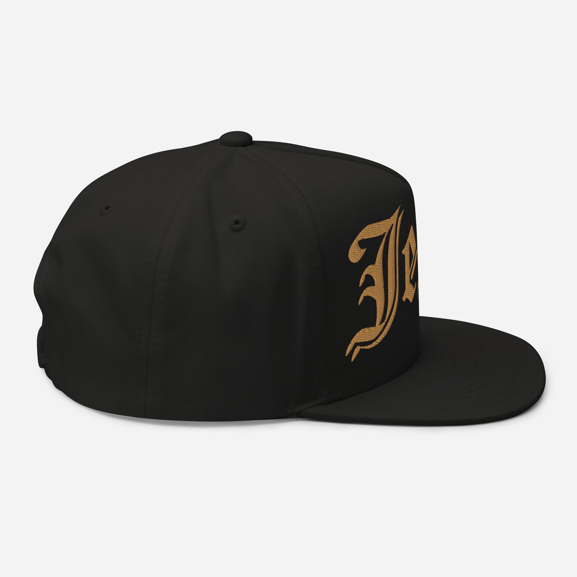 Jesus Tatoo Flat Bill Cap - Black / White with 3D Puff Embroidery Color: Black Jesus Passion Apparel