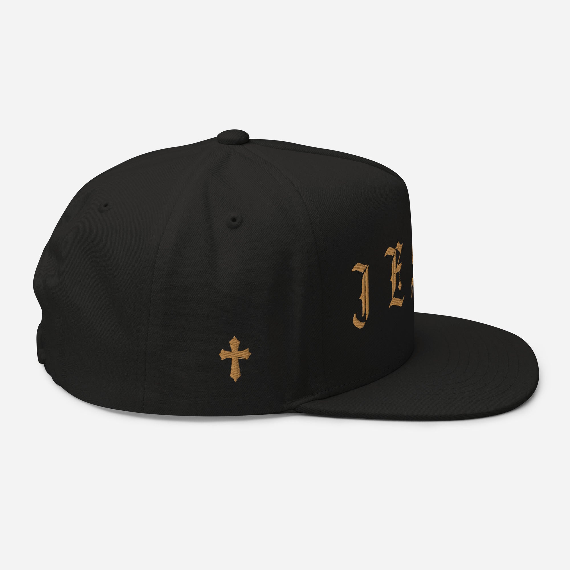 Jesus Tatoo-Inspired Flat Bill Cap with Cross R Side - Black / White with 3D Puff Embroidery Color: Black Jesus Passion Apparel