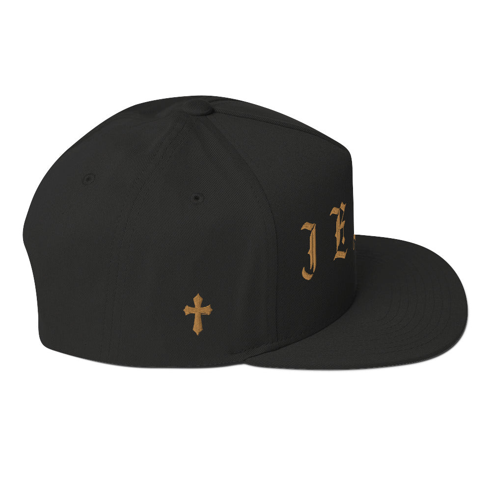 Jesus Tatoo-Inspired Flat Bill Cap with Cross R Side - Black / White with 3D Puff Embroidery Color: Black Jesus Passion Apparel