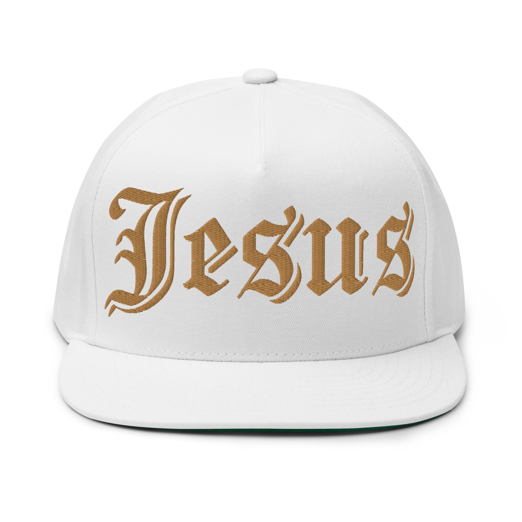 Jesus Tatoo Flat Bill Cap - Black / White with 3D Puff Embroidery Color: Black Jesus Passion Apparel