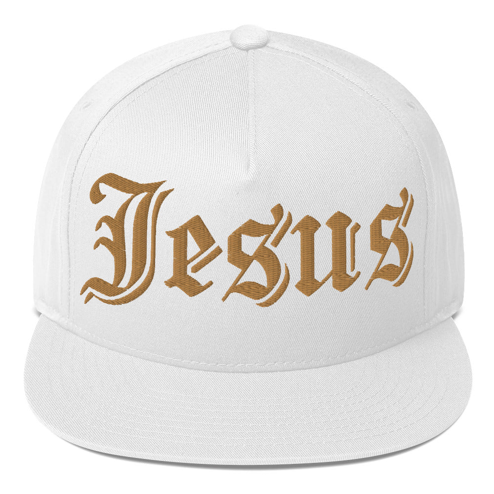 Jesus Tatoo Flat Bill Cap - Black / White with 3D Puff Embroidery Color: White Jesus Passion Apparel