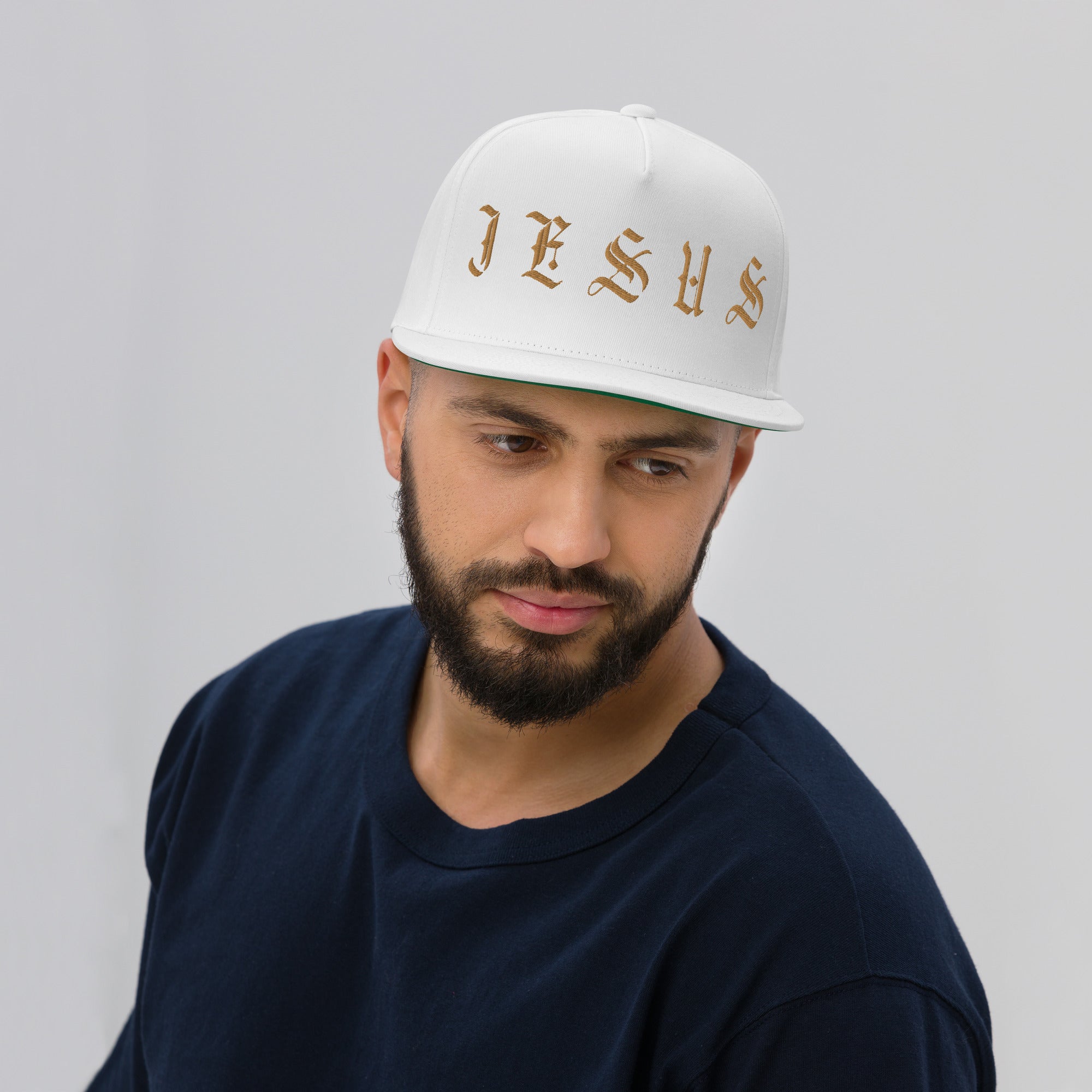 Jesus Tatoo-Inspired Flat Bill Cap with Cross R Side - Black / White with 3D Puff Embroidery Color: Black Jesus Passion Apparel