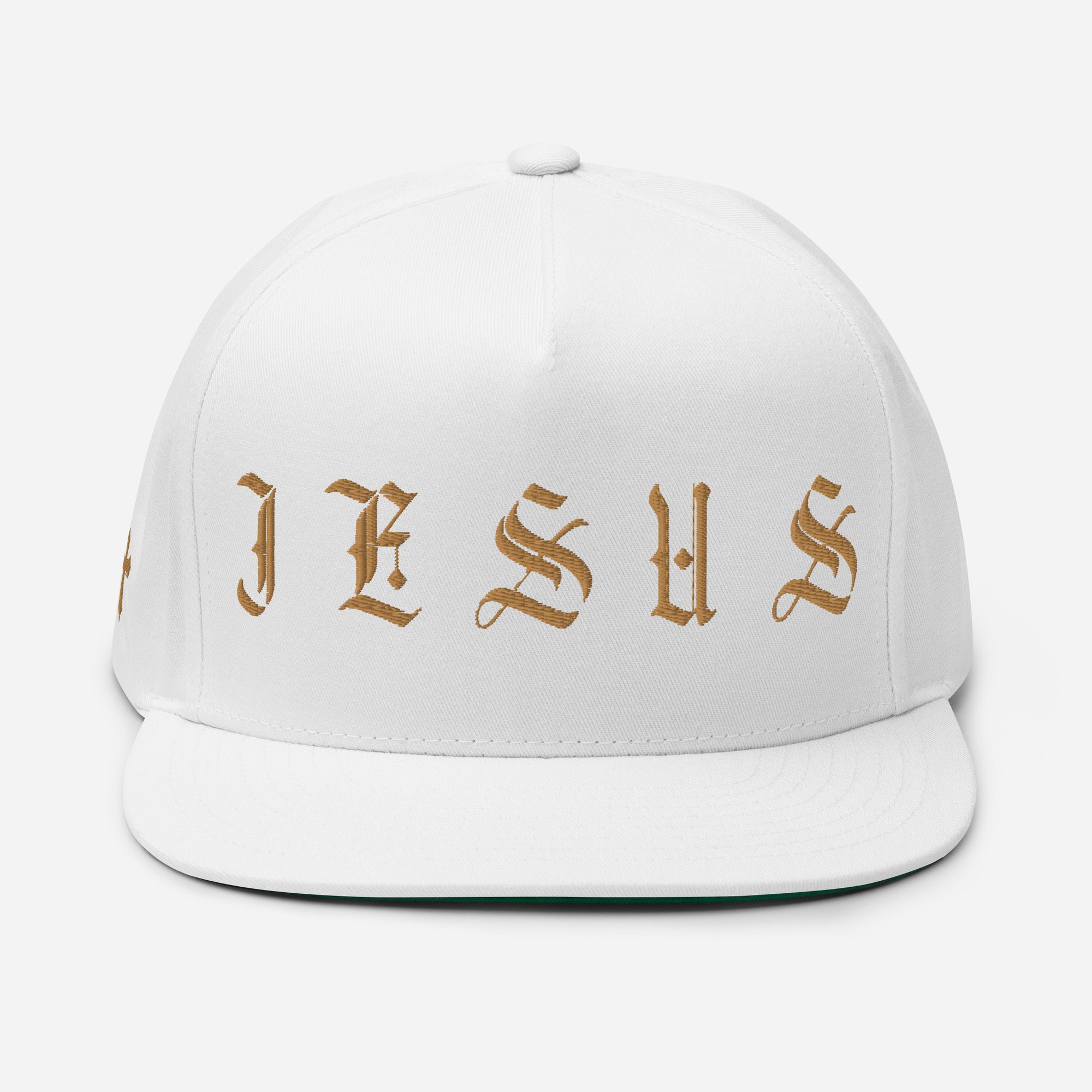 Jesus Tatoo-Inspired Flat Bill Cap with Cross R Side - Black / White with 3D Puff Embroidery Color: White Jesus Passion Apparel