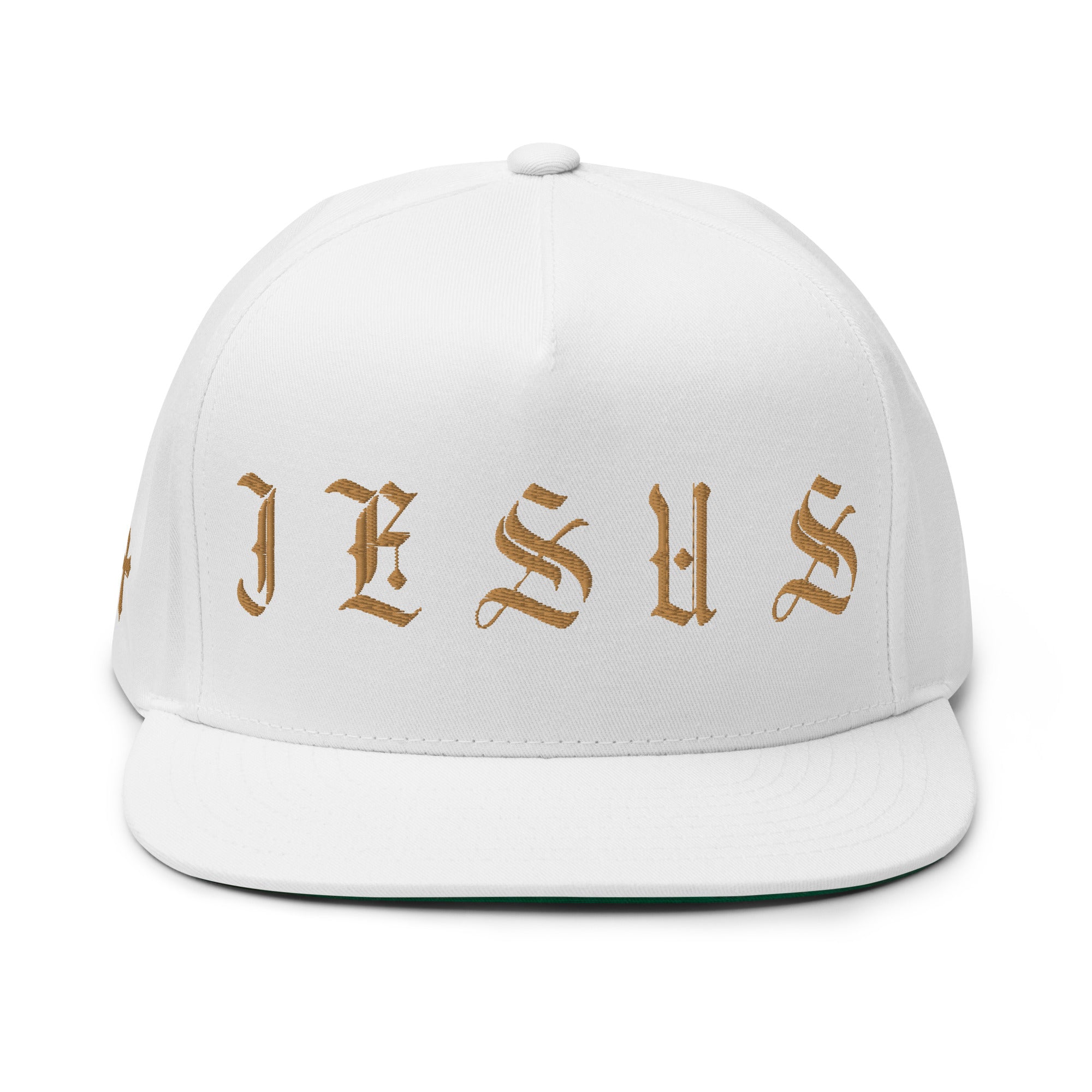 Jesus Tatoo-Inspired Flat Bill Cap with Cross R Side - Black / White with 3D Puff Embroidery Color: Black Jesus Passion Apparel