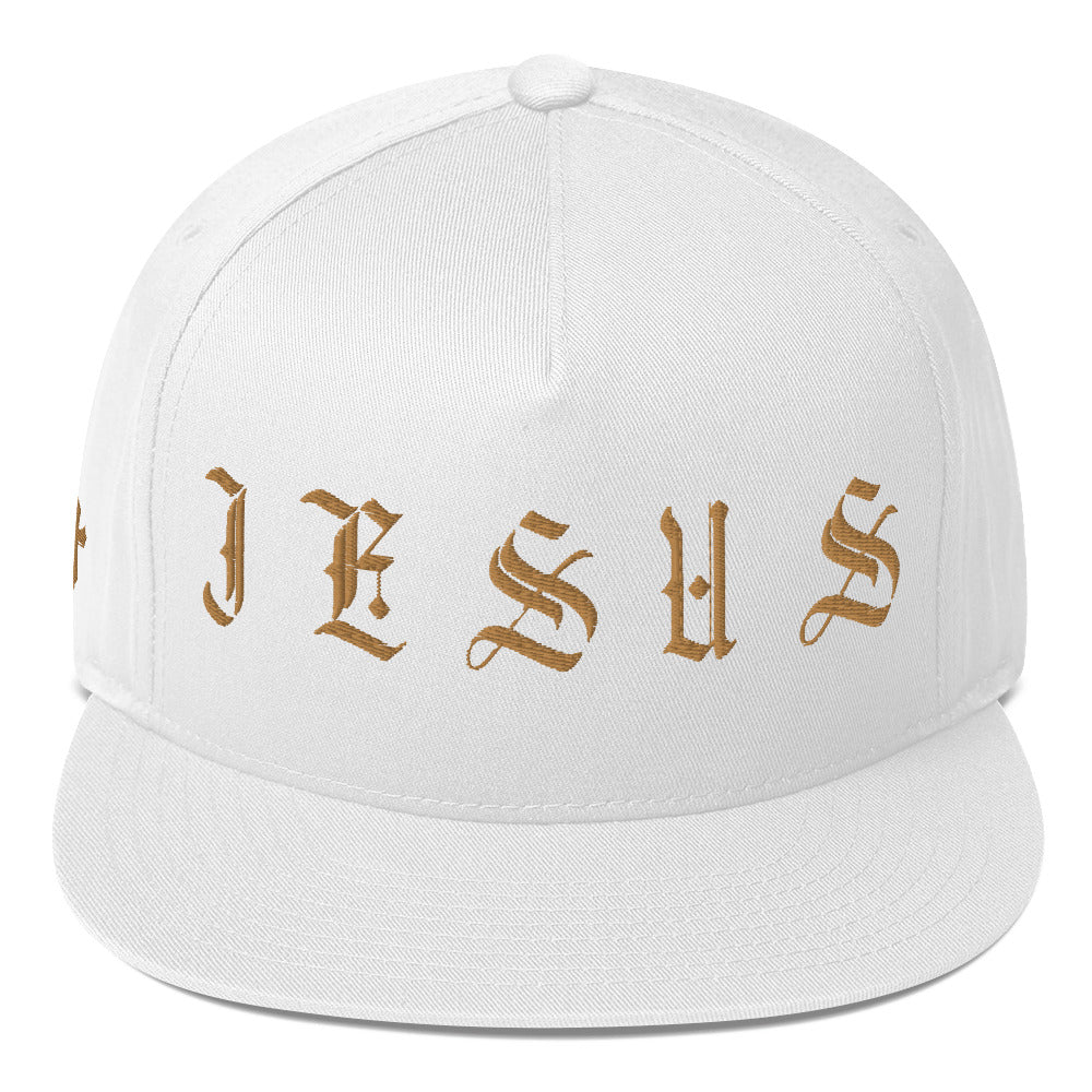 Jesus Tatoo-Inspired Flat Bill Cap with Cross R Side - Black / White with 3D Puff Embroidery Color: Black Jesus Passion Apparel