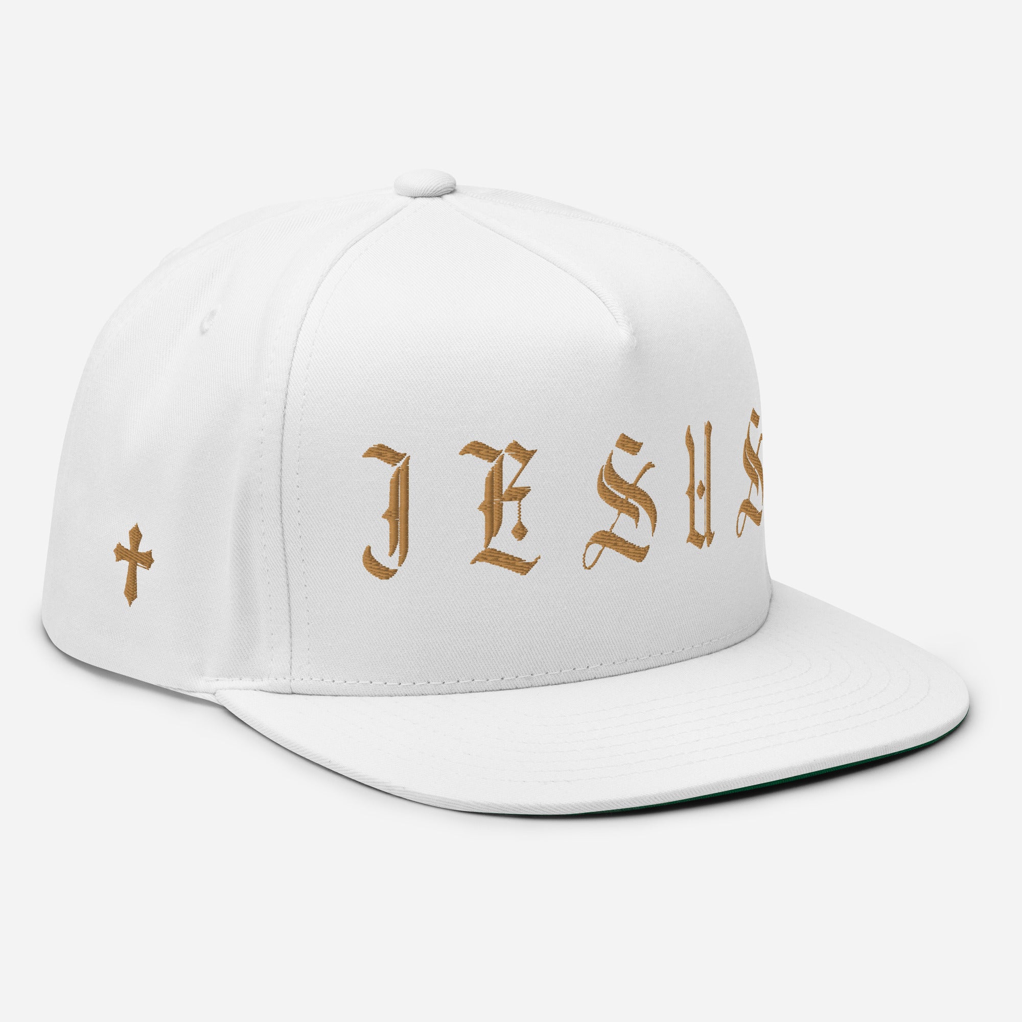 Jesus Tatoo-Inspired Flat Bill Cap with Cross R Side - Black / White with 3D Puff Embroidery Color: Black Jesus Passion Apparel