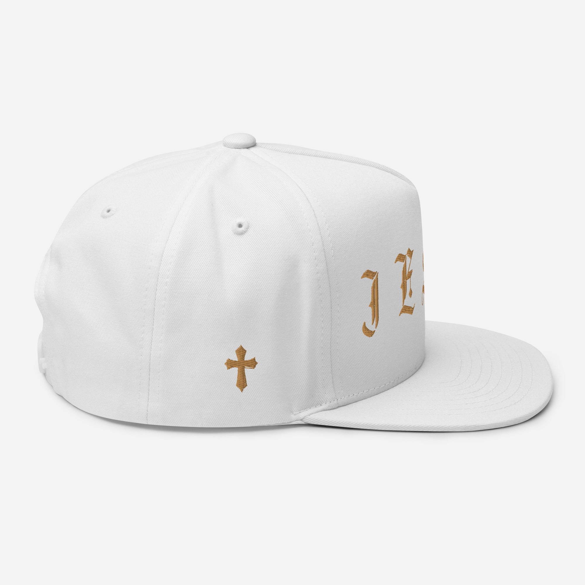 Jesus Tatoo-Inspired Flat Bill Cap with Cross R Side - Black / White with 3D Puff Embroidery Color: Black Jesus Passion Apparel