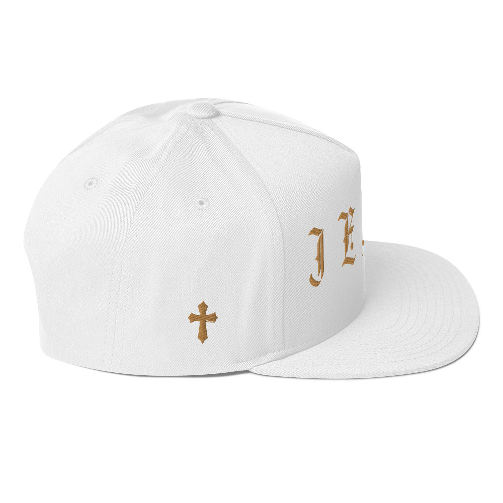 Jesus Tatoo-Inspired Flat Bill Cap with Cross R Side - Black / White with 3D Puff Embroidery Color: Black Jesus Passion Apparel