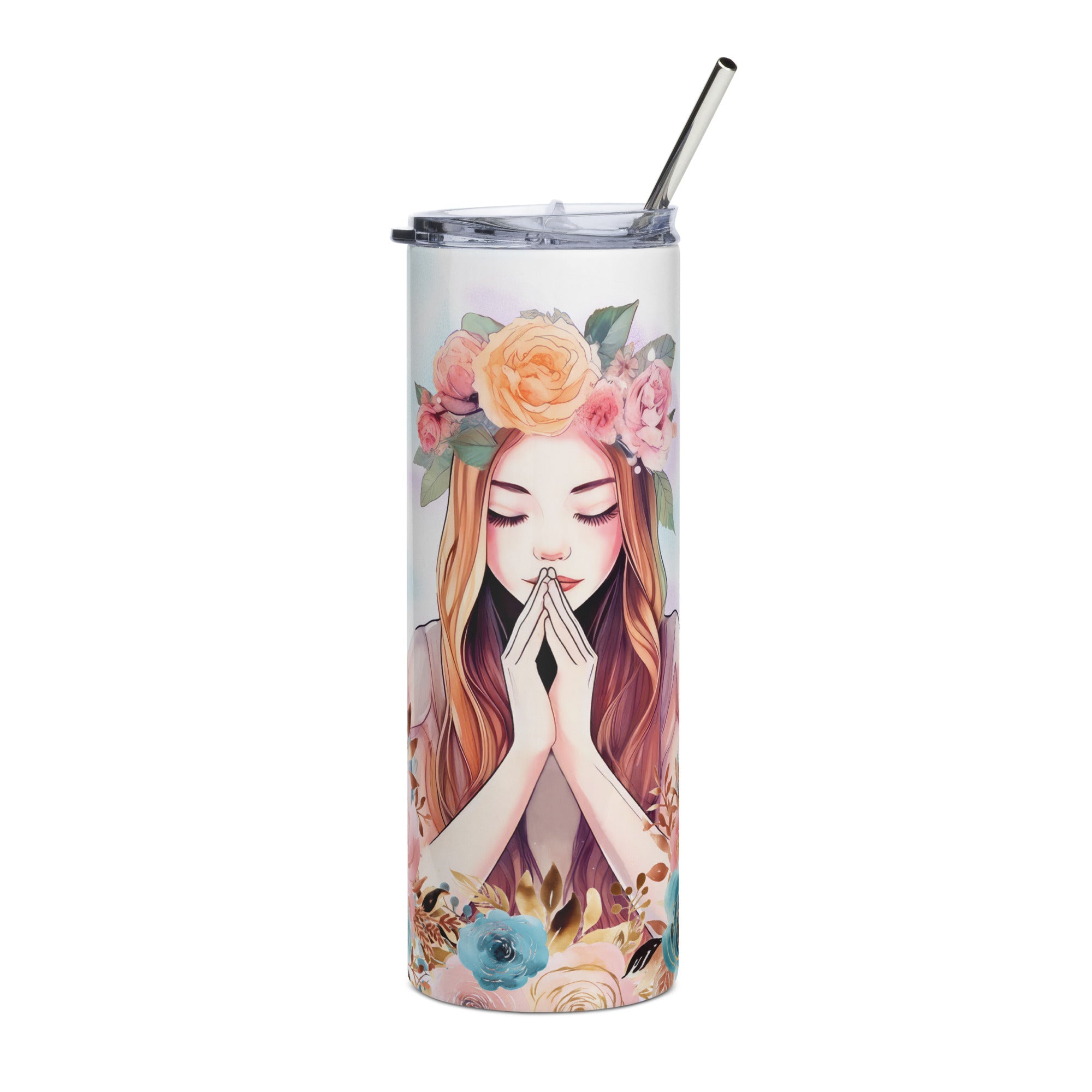 Flower Girl Praying with Stainless Steel Straw 20 oz - Stainless Steel Straw - Jesus Passion Apparel