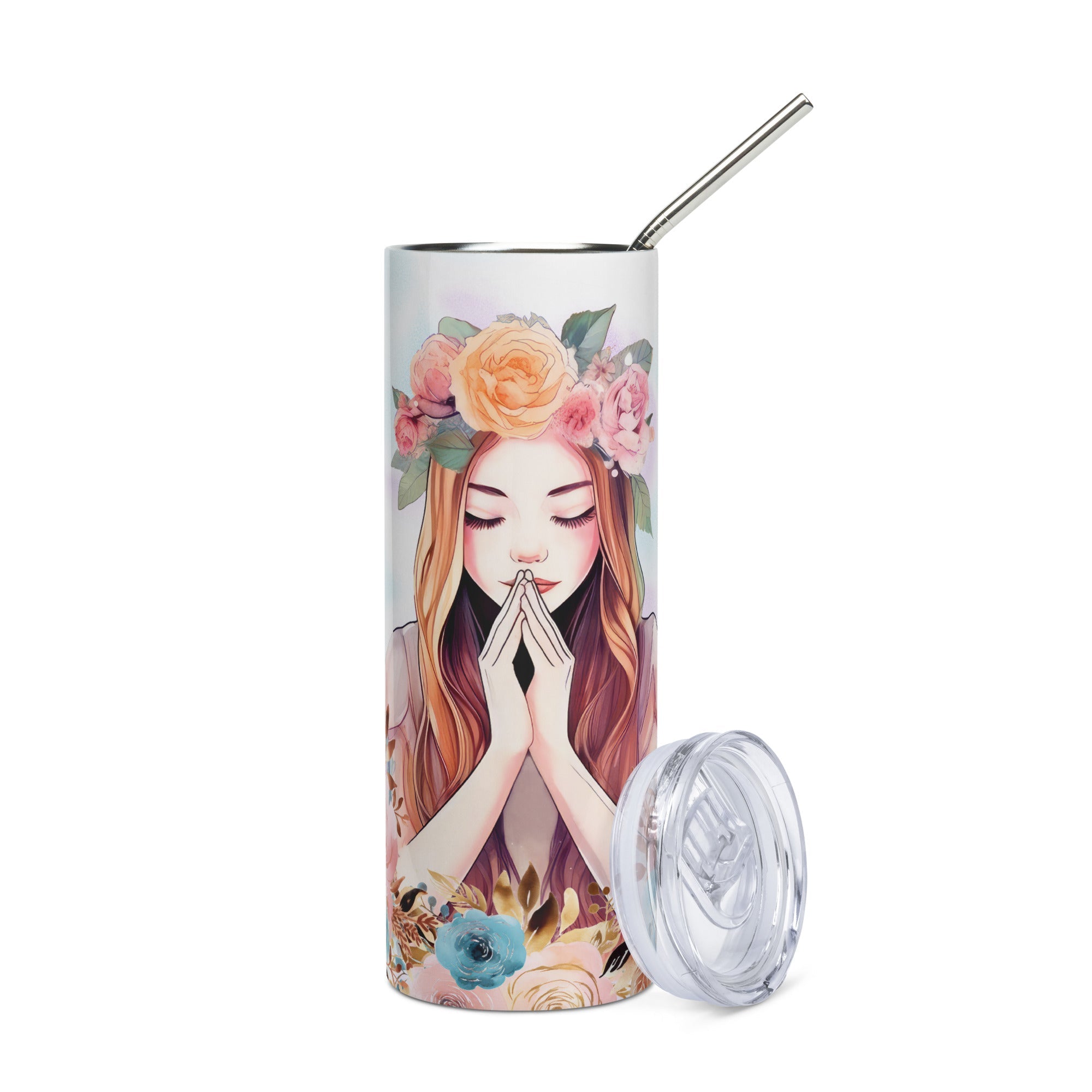 Flower Girl Praying with Stainless Steel Straw 20 oz - Stainless Steel Straw - Jesus Passion Apparel