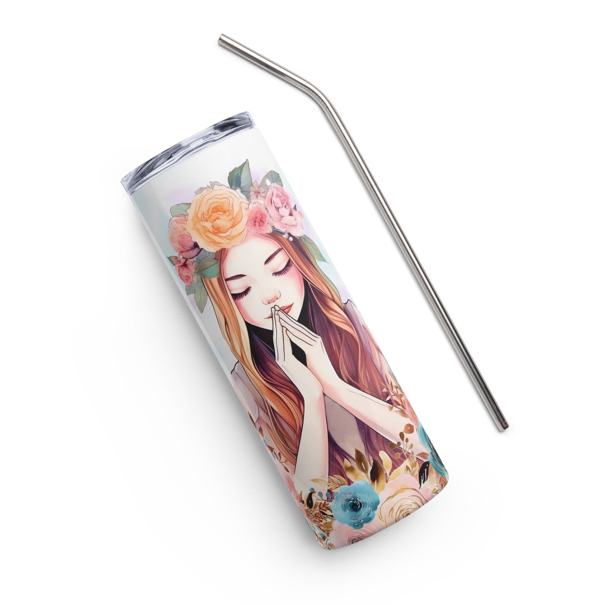 Flower Girl Praying with Stainless Steel Straw 20 oz - Stainless Steel Straw - Jesus Passion Apparel