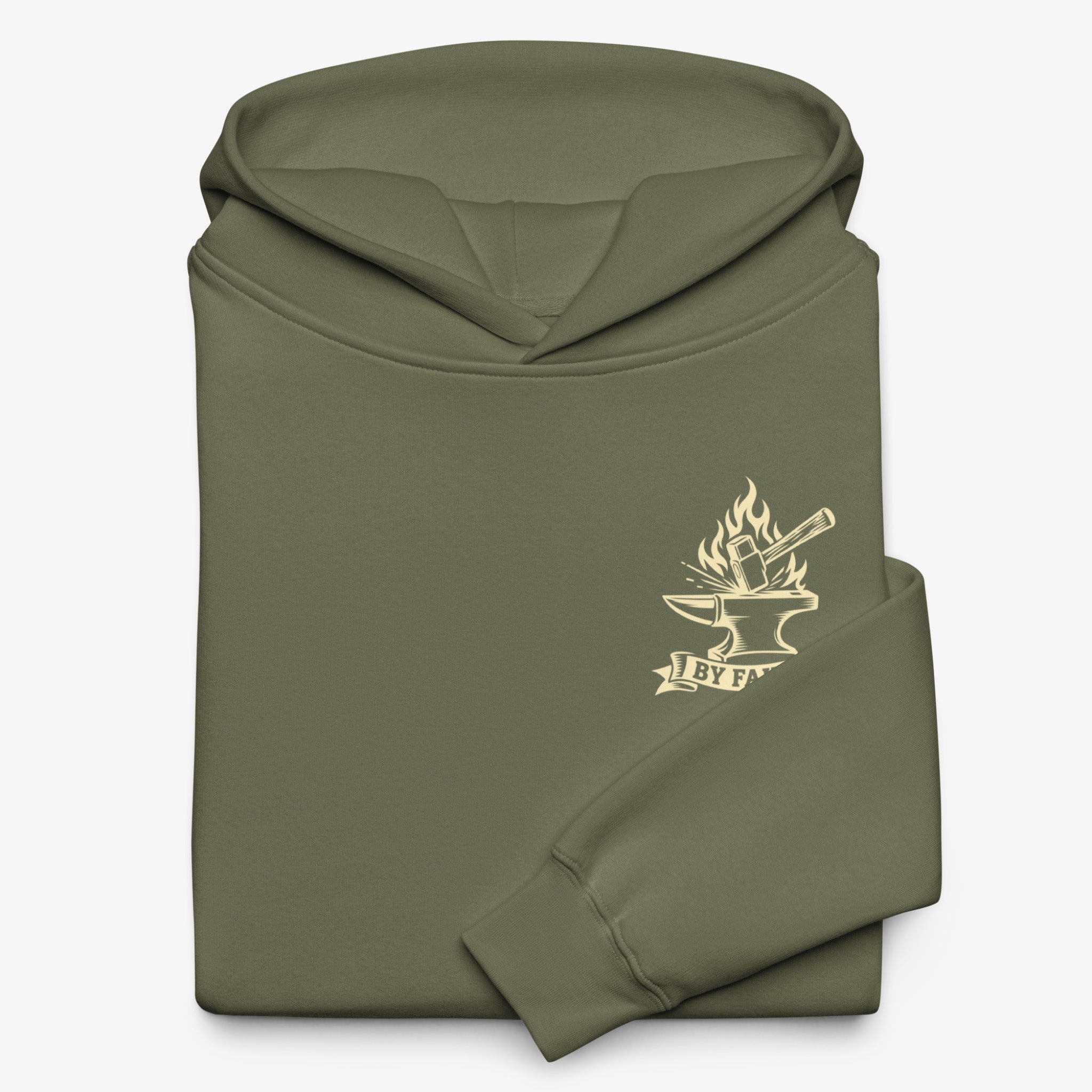 An olive green folded hoodie with a small beige graphic on the left chest featuring an anvil, flame, and the text 'LETHAL'.