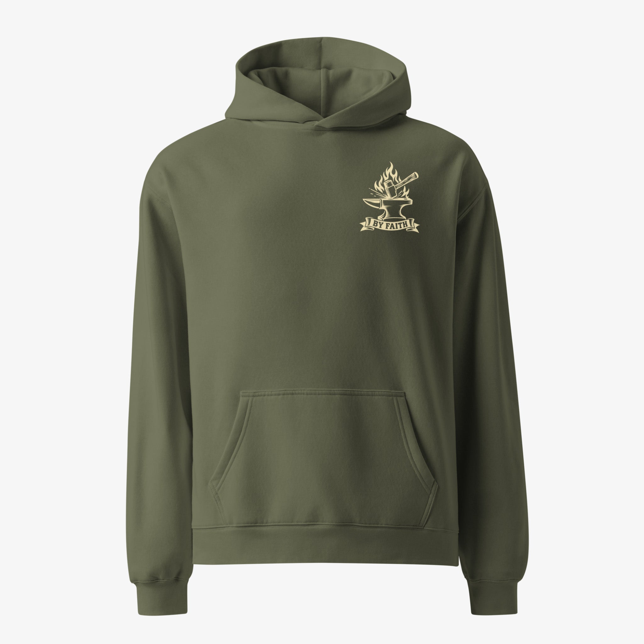 An olive green pullover hoodie with a small gold graphic on the left chest, displayed on a clean white background.