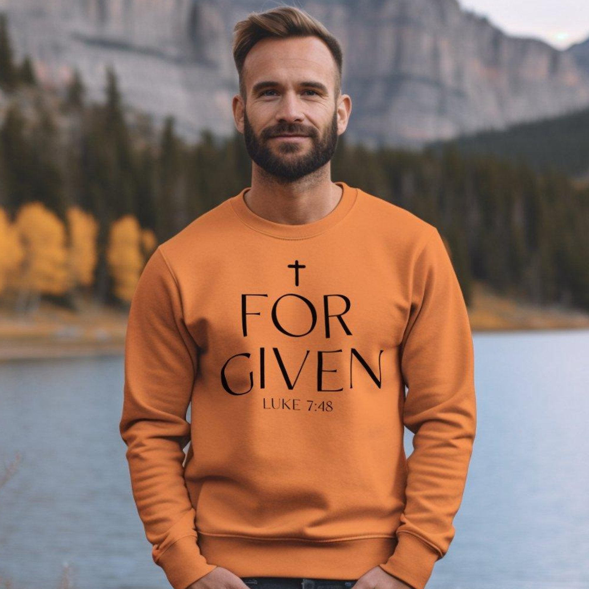 Forgiven Luke 7:48 Men's Fleece Unisex - Fit Sweatshirt - Orange - Jesus Passion Apparel