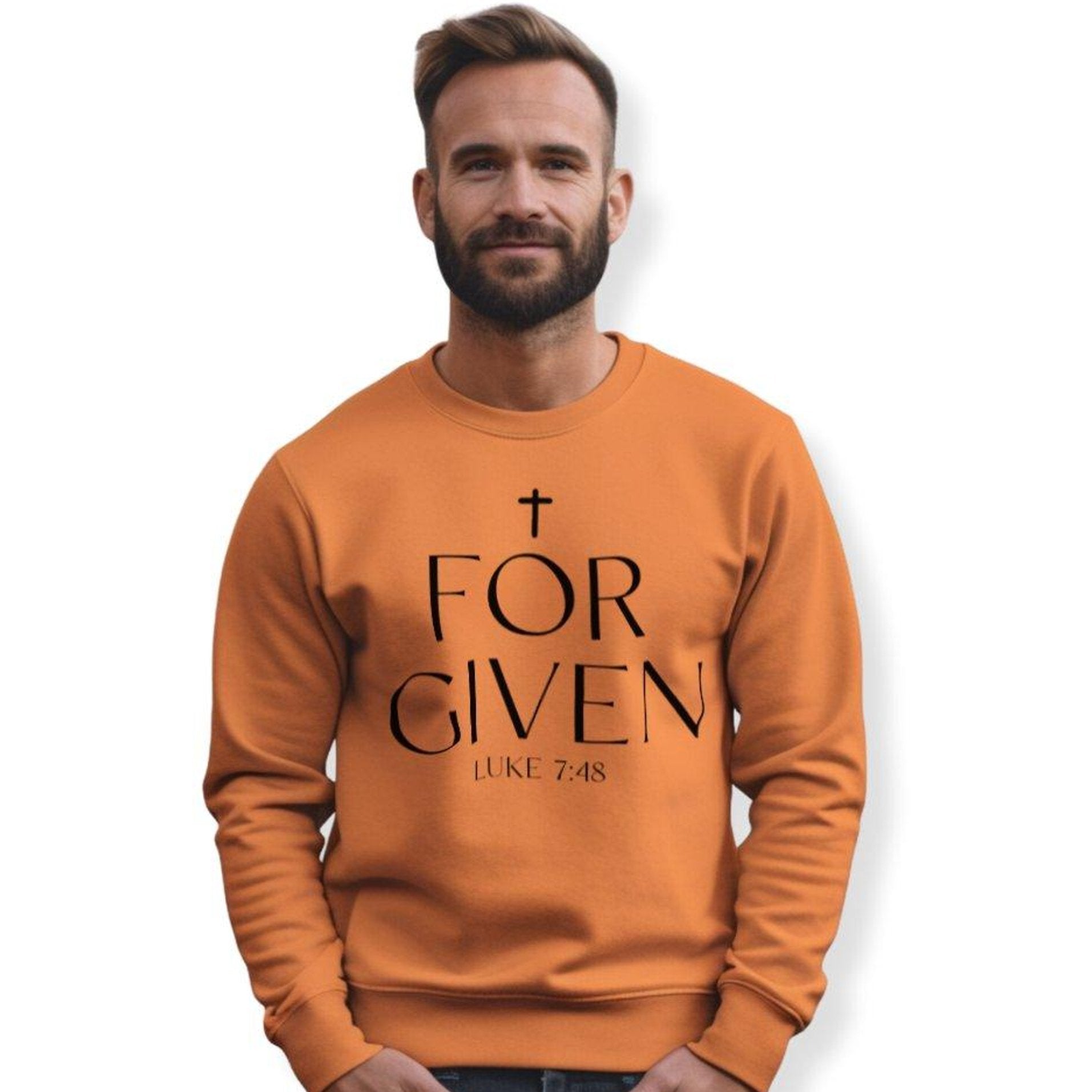 Forgiven Luke 7:48 Men's Fleece Unisex - Fit Sweatshirt - Orange - Jesus Passion Apparel