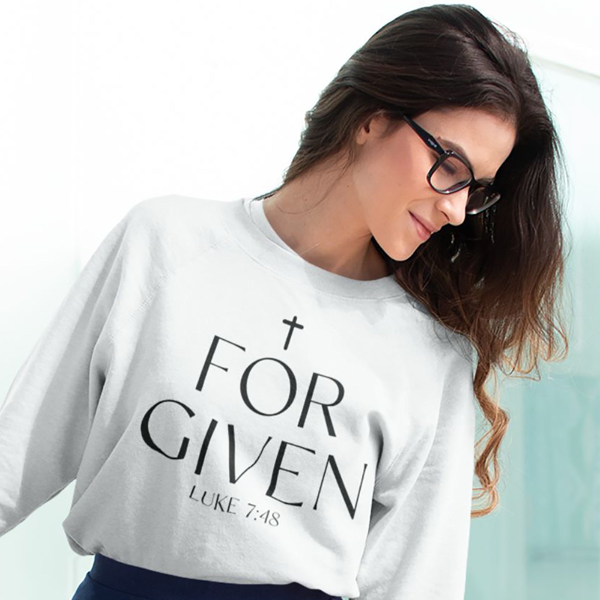 Forgiven Luke 7:48 Women's Fleece Unisex - Fit Sweatshirt White / Sport Grey - Jesus Passion Apparel