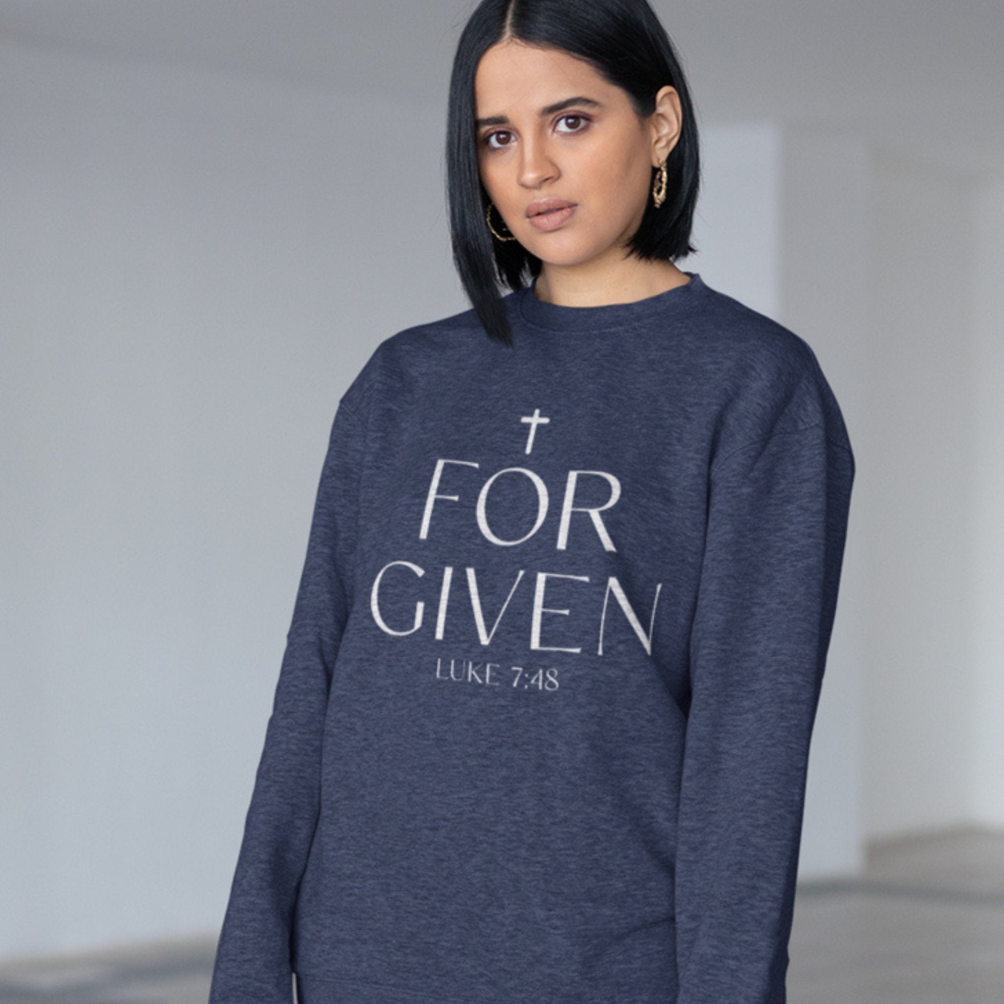 Forgiven Women's Fleece Unisex Sweatshirt Navy / Pink Heliconia - Jesus Passion Apparel