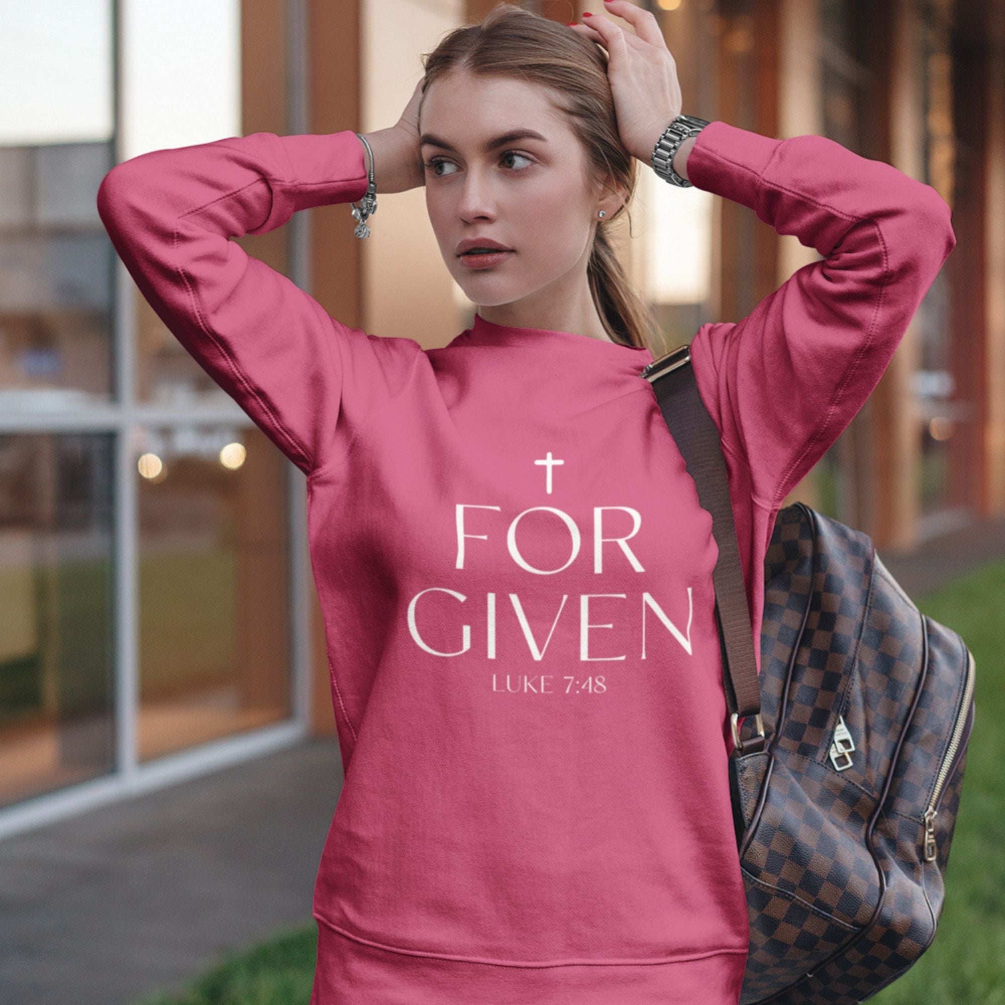 Forgiven Women's Fleece Unisex Sweatshirt Navy / Pink Heliconia - Jesus Passion Apparel