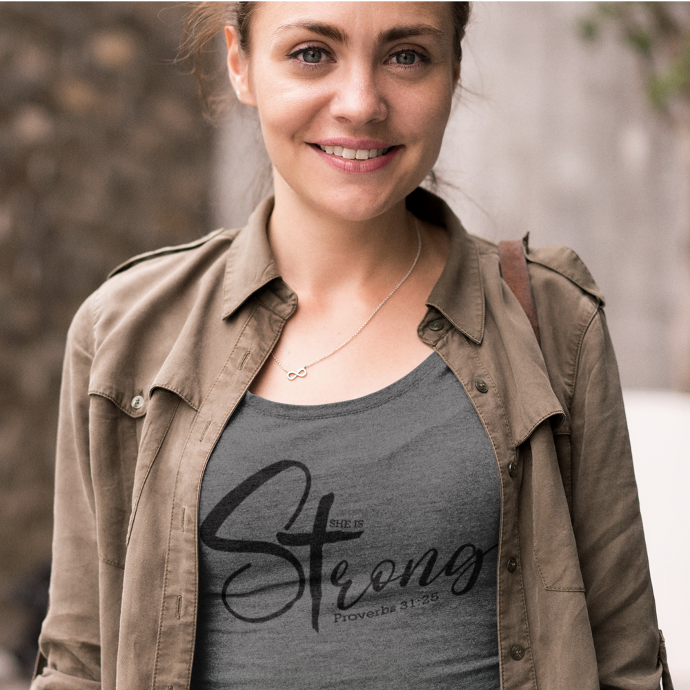 She is Strong Proverbs 31:25 Relaxed-Fit Scoop Neck T-Shirt Size: XS Color: Heather White Jesus Passion Apparel