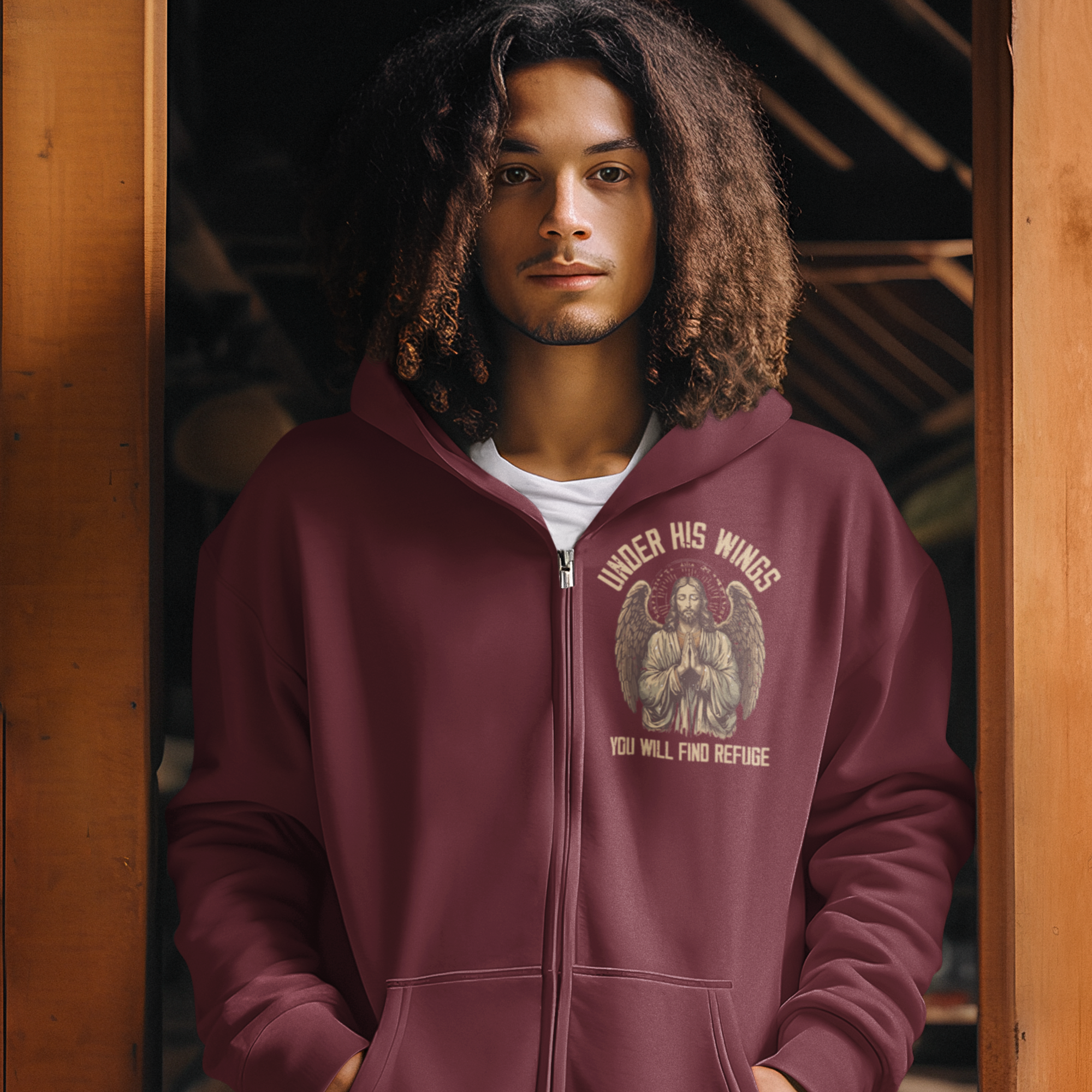 Under His Wings Retro-Inspired Premium Men's Hooded Jacket Heavy Blend™ Color: Burgundy Size: S Jesus Passion Apparel