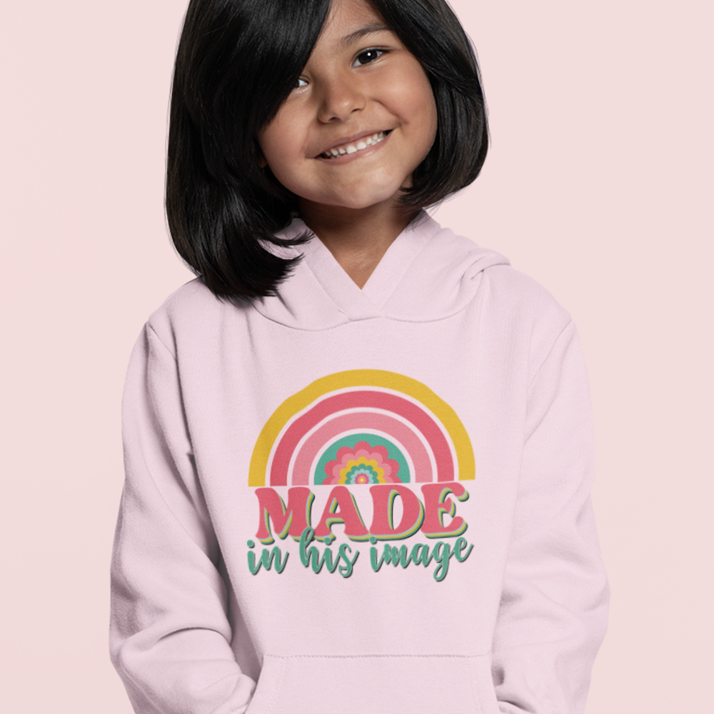 Made in His Image Rainbow Youth Girl's Heavy Blend Hoodie - Design on Front and Back Color: Light Pink Size: S Jesus Passion Apparel