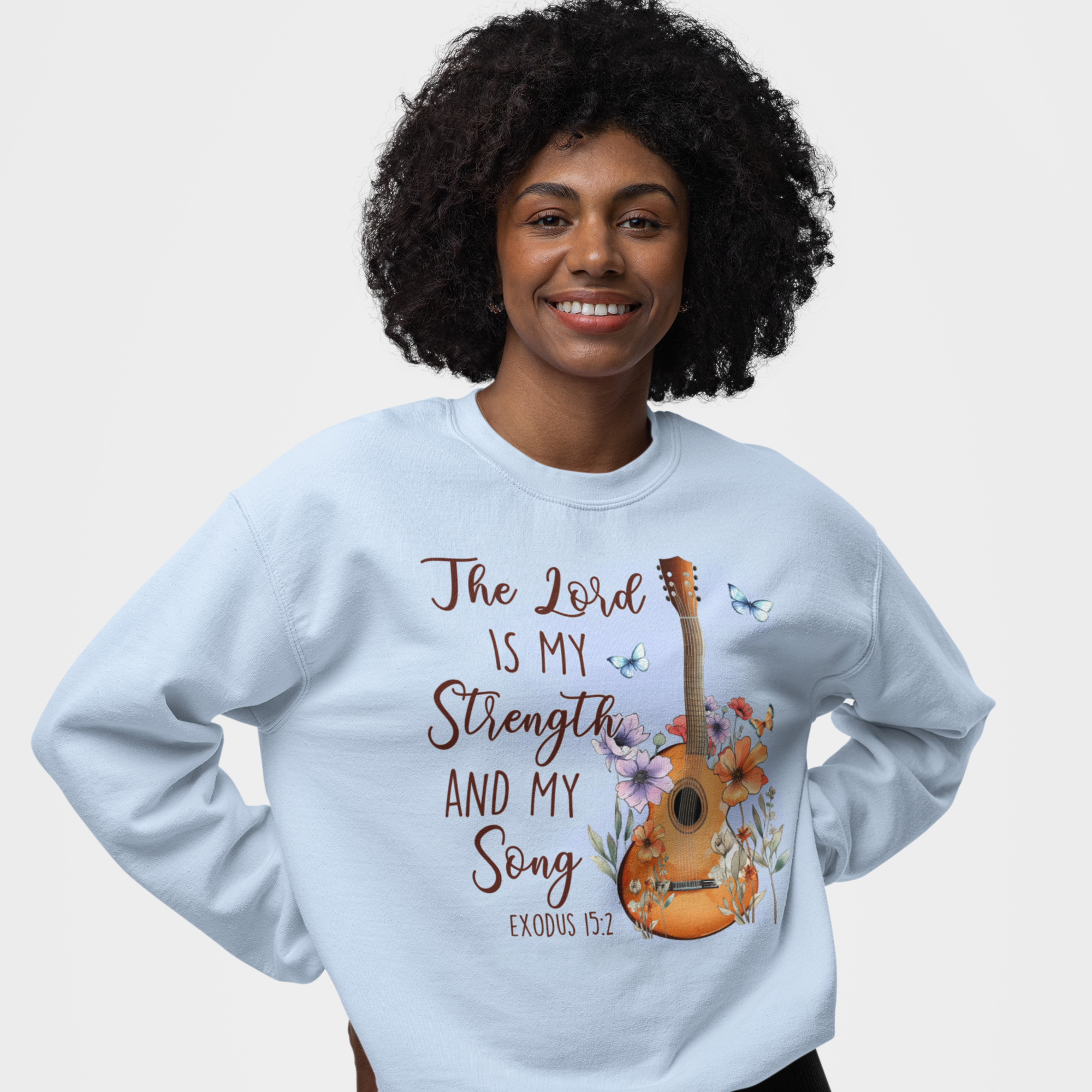 The Lord My Strength and Song Women's Fleece Unisex-Fit Sweatshirt Light Blue / White Size: S Color: Light Blue Jesus Passion Apparel