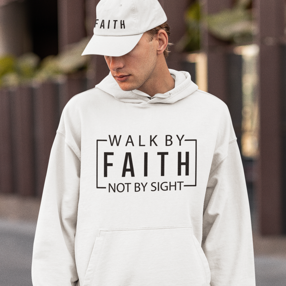 Walk By Faith Not By Sight Men's Heavy Blend™ Hoodie Color: White Size: S Jesus Passion Apparel