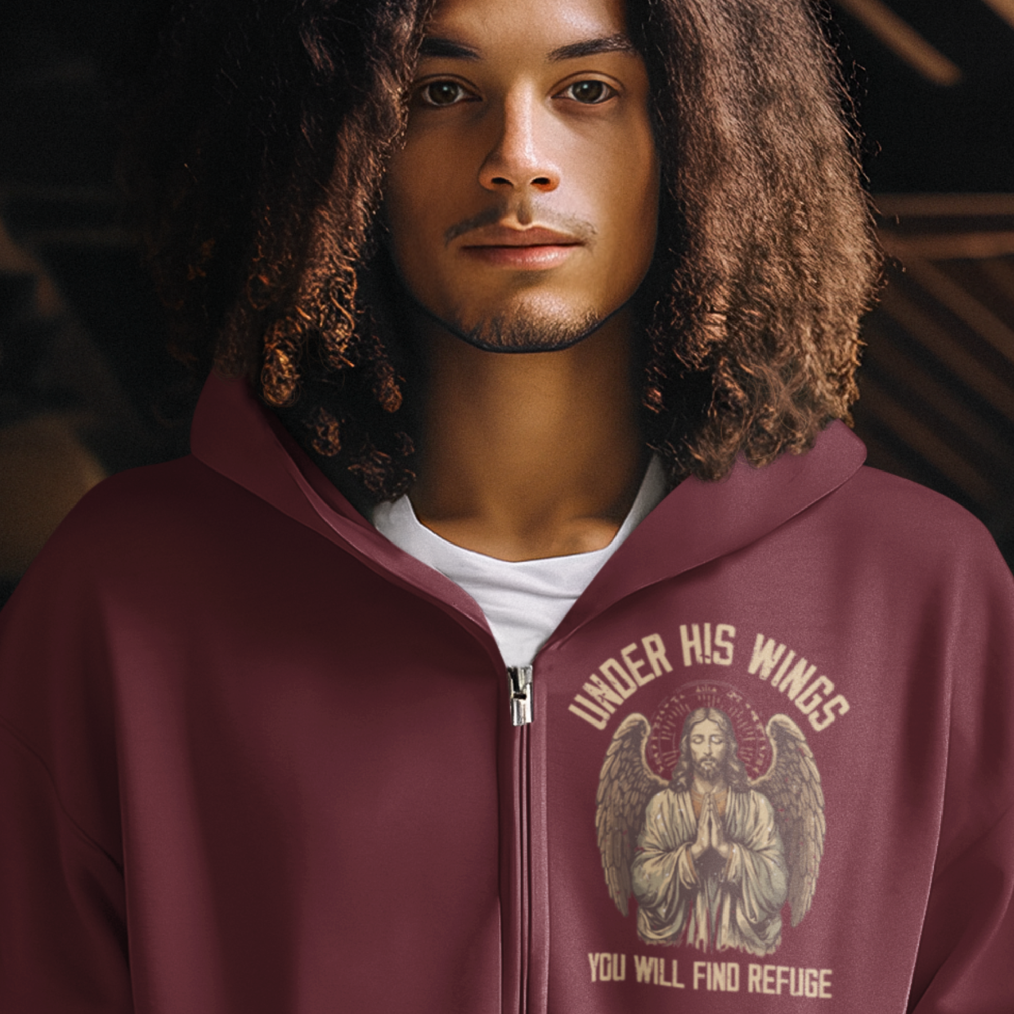 Under His Wings Retro-Inspired Premium Men's Hooded Jacket Heavy Blend™ Color: Burgundy Size: S Jesus Passion Apparel