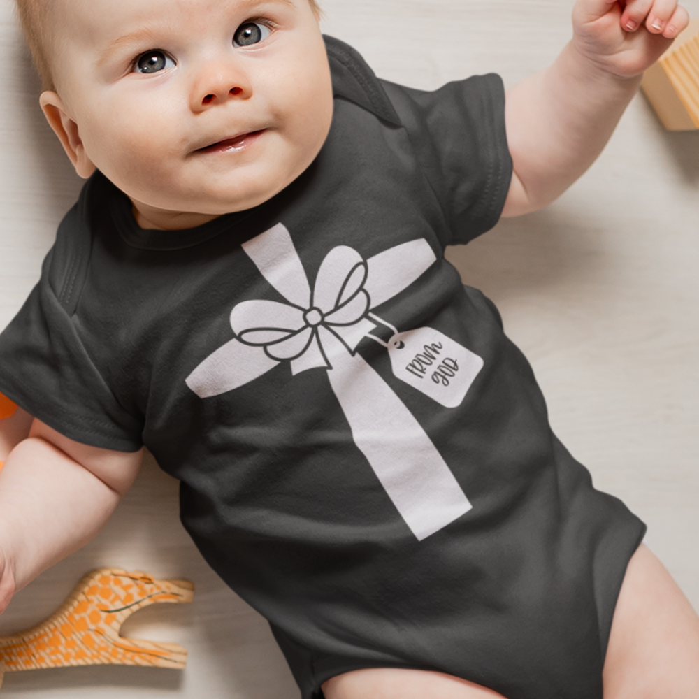 Gift from God White Ribbon Baby Bodysuit Color: Dark Grey Heather Size: 3-6m Jesus Passion Apparel
