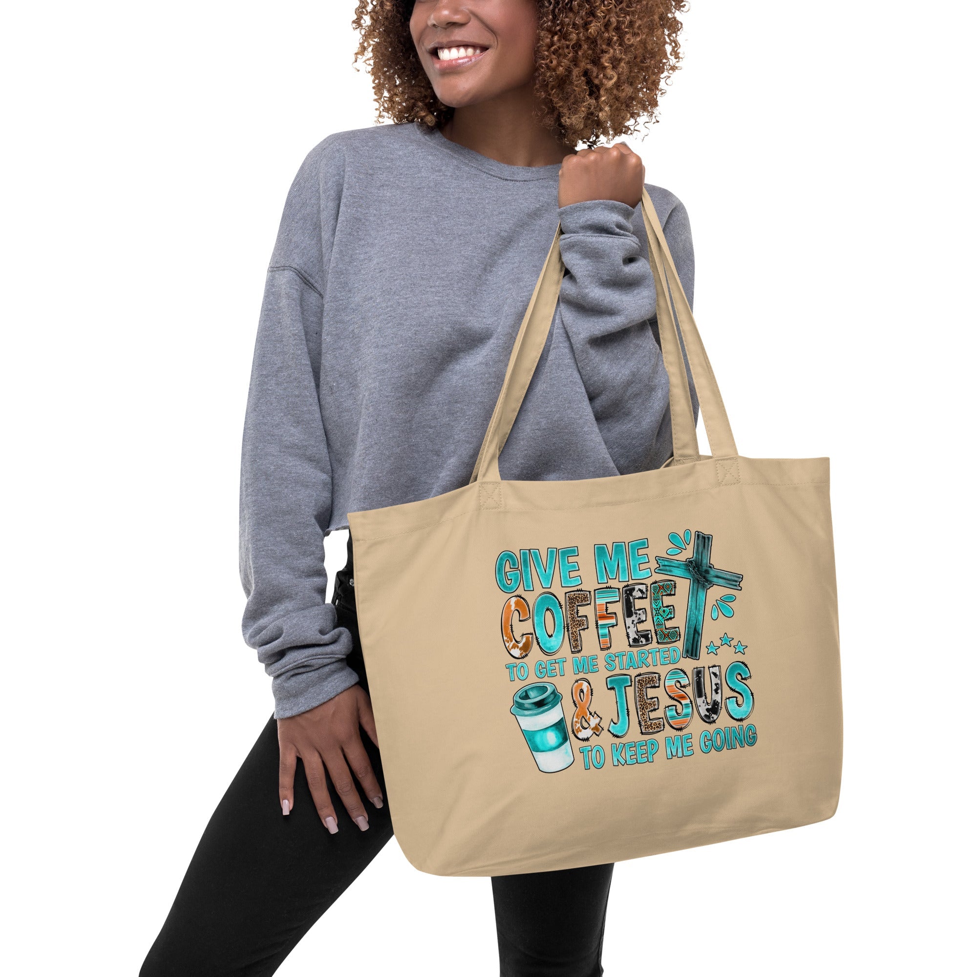 Give Me Coffee and Jesus Large Organic Tote Bag - Design on Both Sides - Jesus Passion Apparel