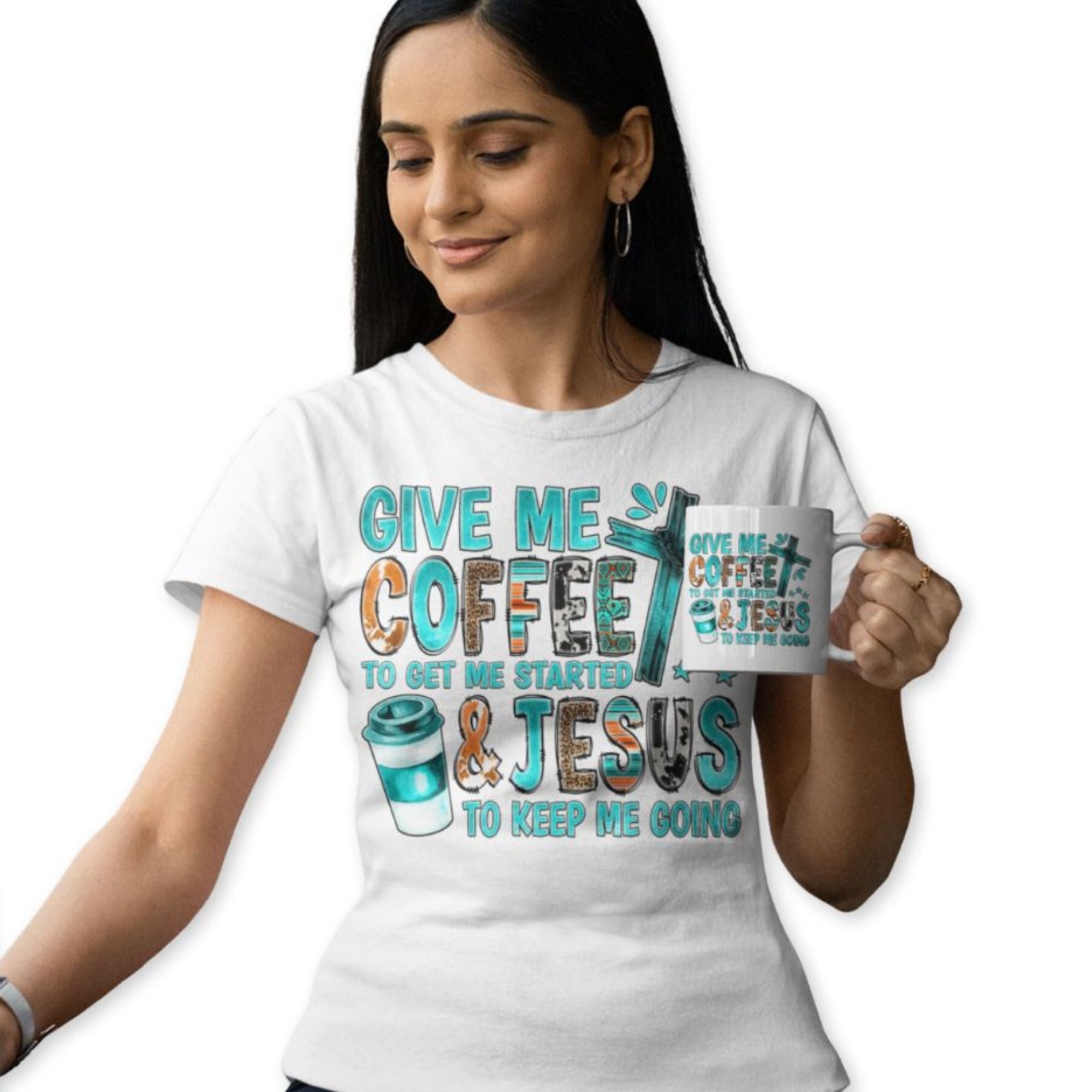 Give Me Coffee and Jesus Women's Short Sleeve Fashion Fit T-Shirt - Matching Tote Available - Jesus Passion Apparel