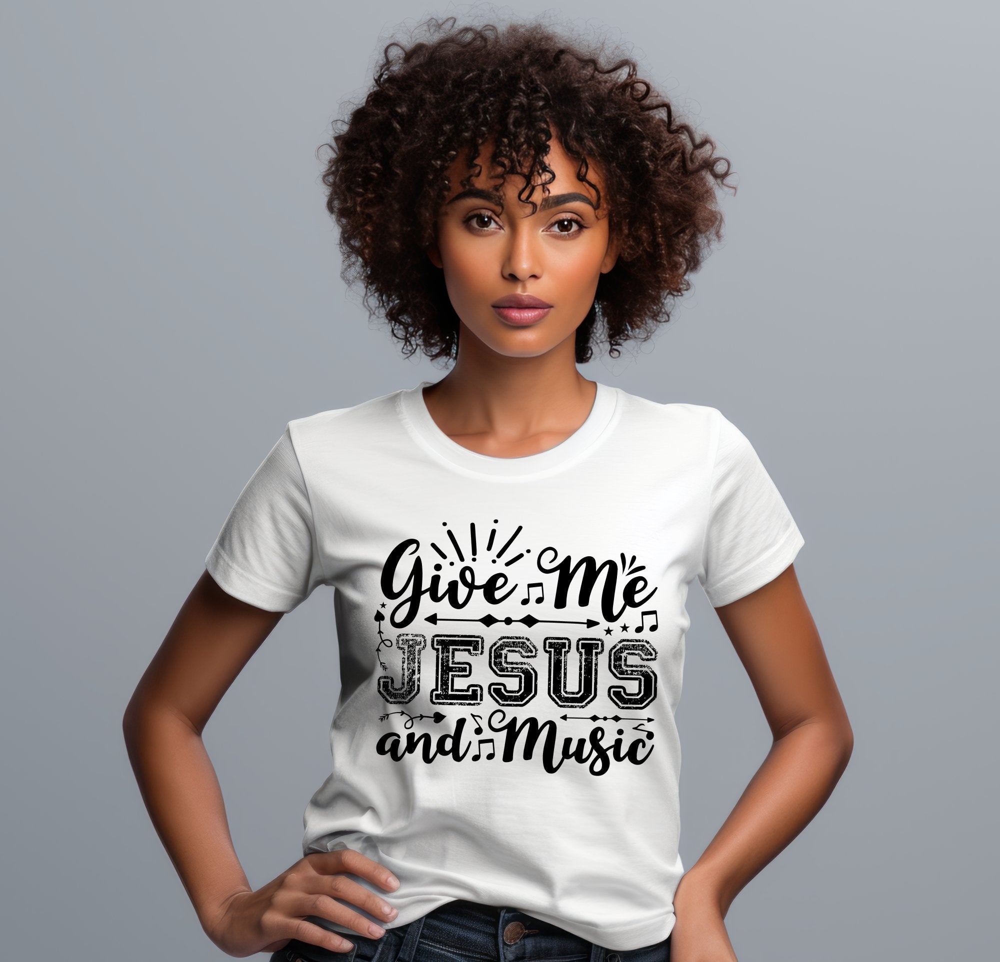 Give Me Jesus and Music Distressed Detail Women's Jersey Short Sleeve T-Shirt - Jesus Passion Apparel