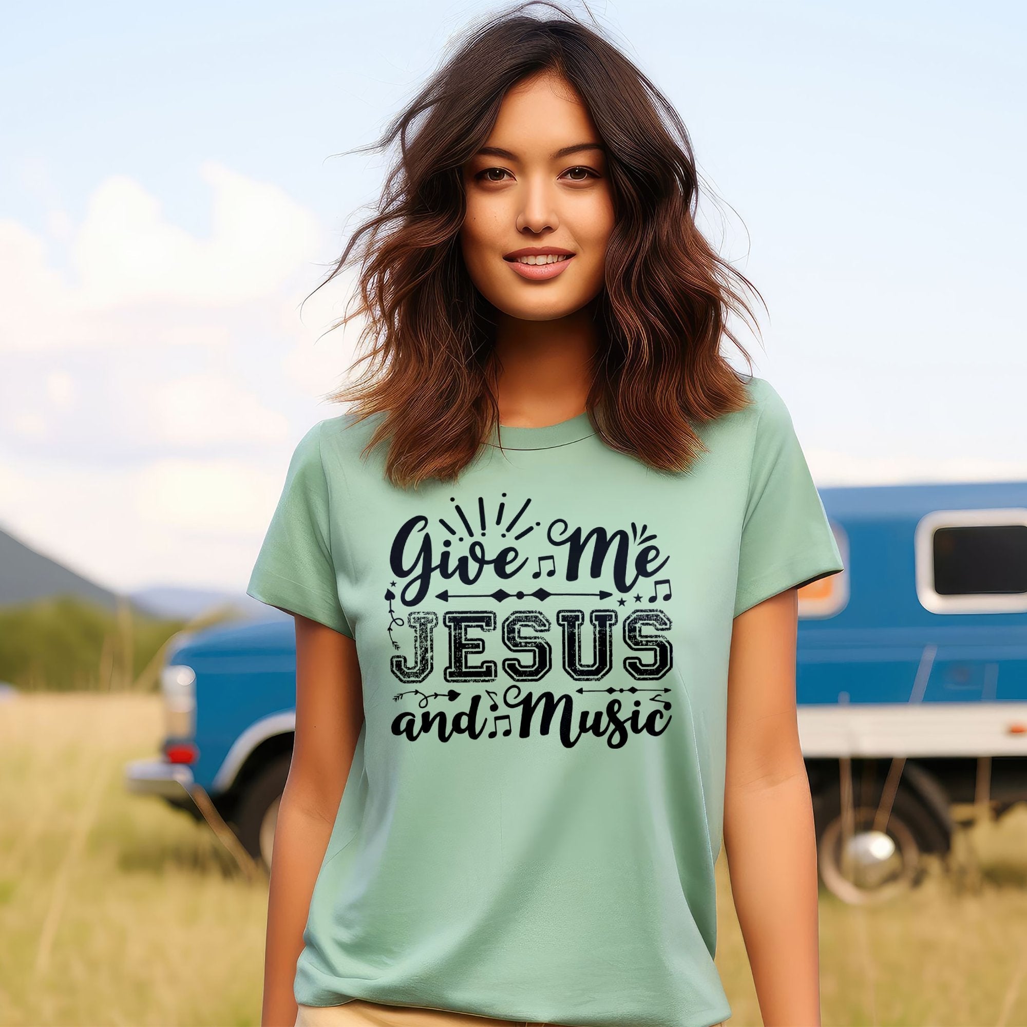 Give Me Jesus and Music Distressed Detail Women's Jersey Short Sleeve T-Shirt - Jesus Passion Apparel