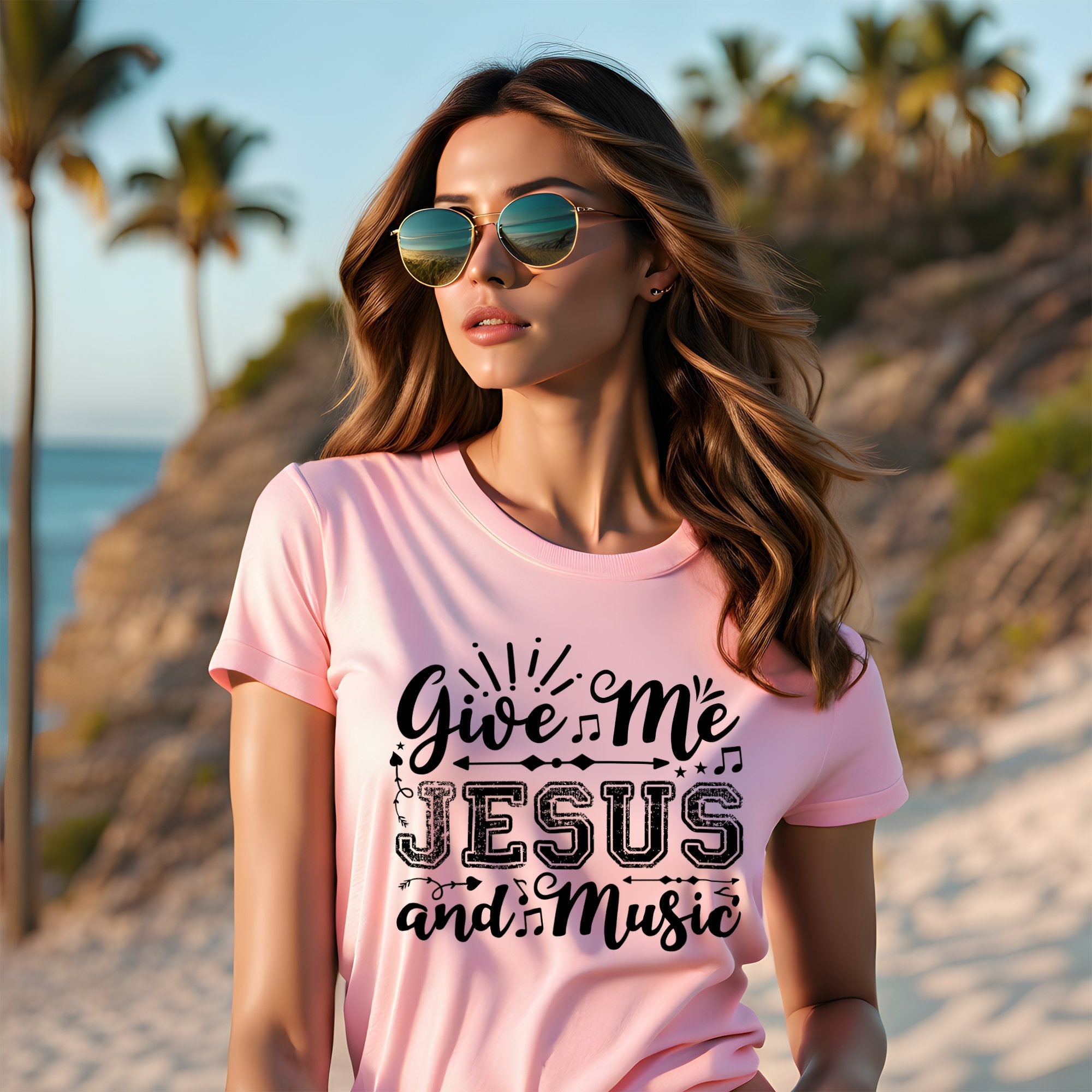 Give Me Jesus and Music Distressed Detail Women's Jersey Short Sleeve T-Shirt - Jesus Passion Apparel