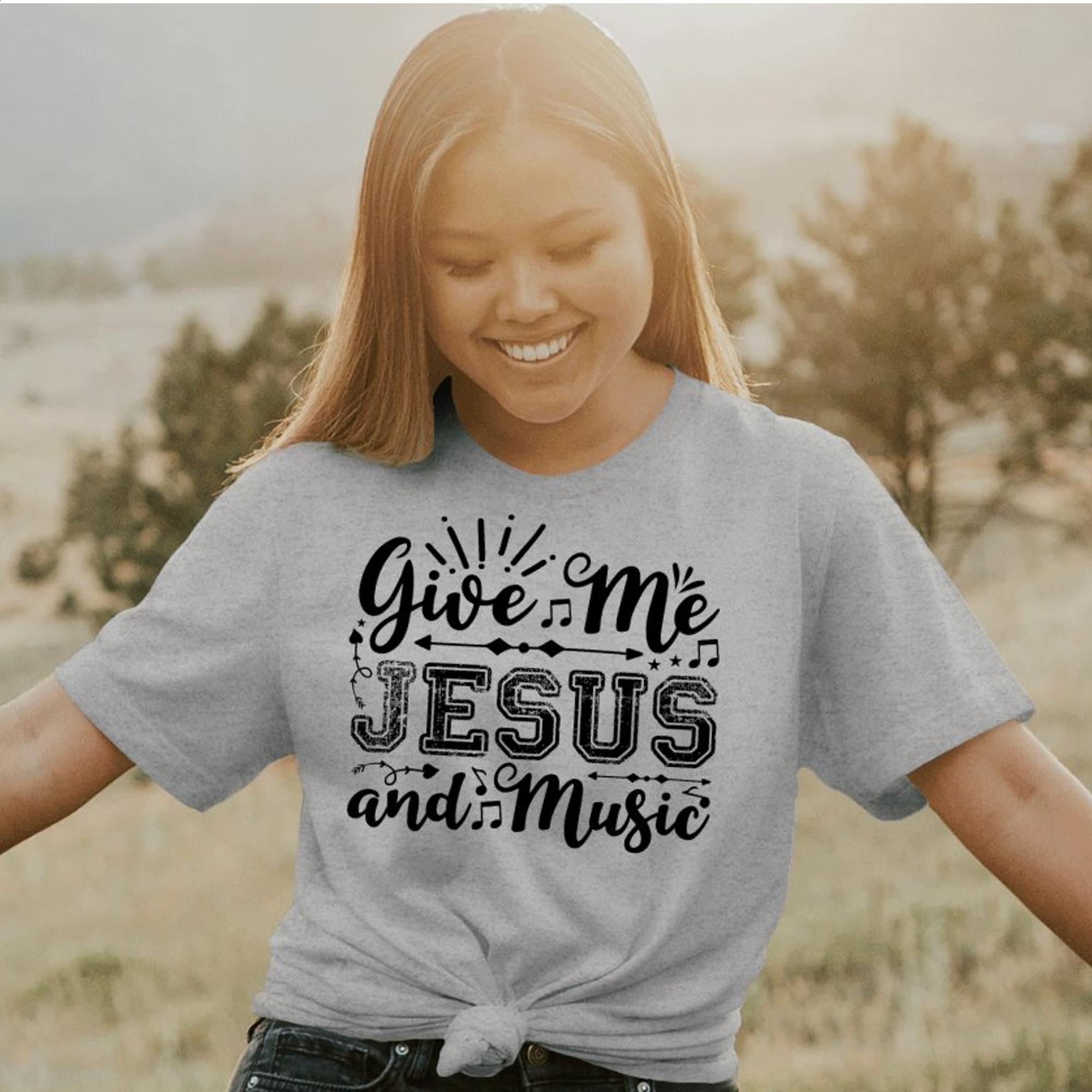 Give Me Jesus and Music Distressed Detail Women's Jersey Short Sleeve T-Shirt - Jesus Passion Apparel