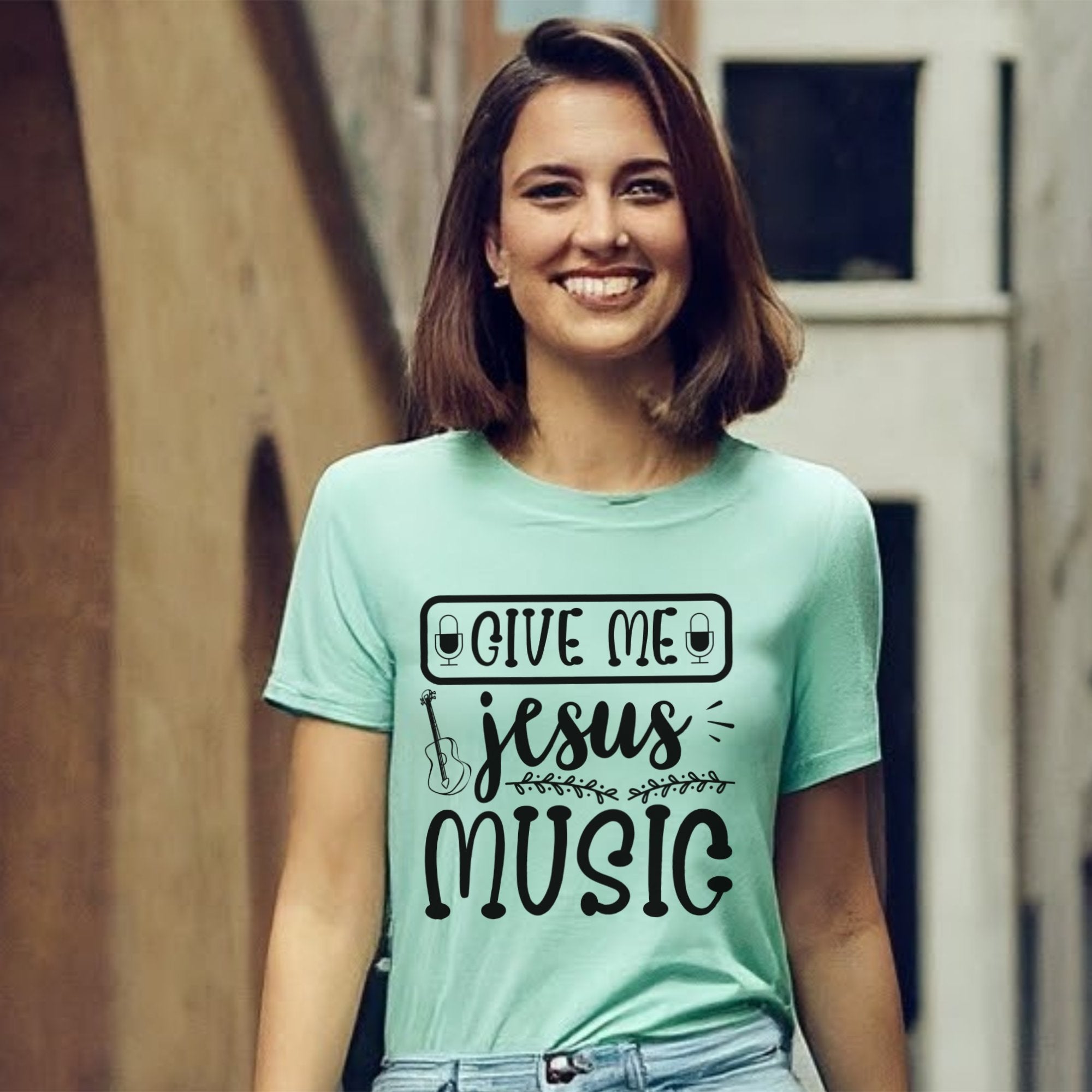 Give Me Music and Jesus Mic Detail Women's Jersey Short Sleeve T-Shirt - Jesus Passion Apparel