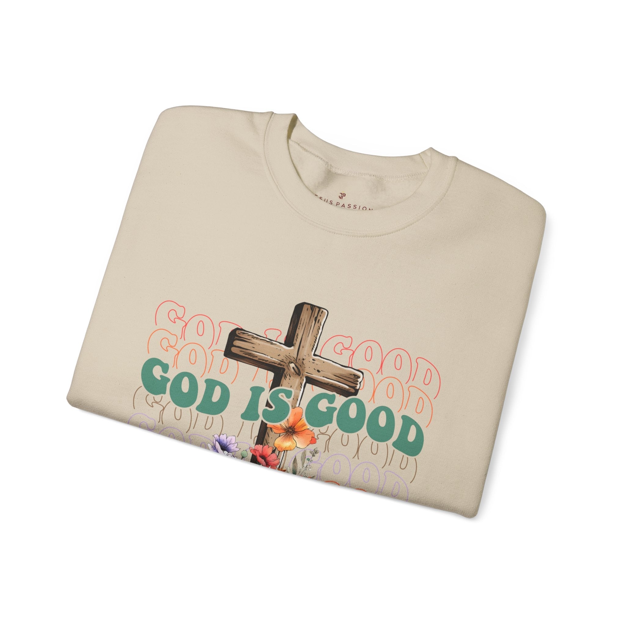 God is Good Women's Fleece Unisex - Fit Sweatshirt Sand / White - Jesus Passion Apparel