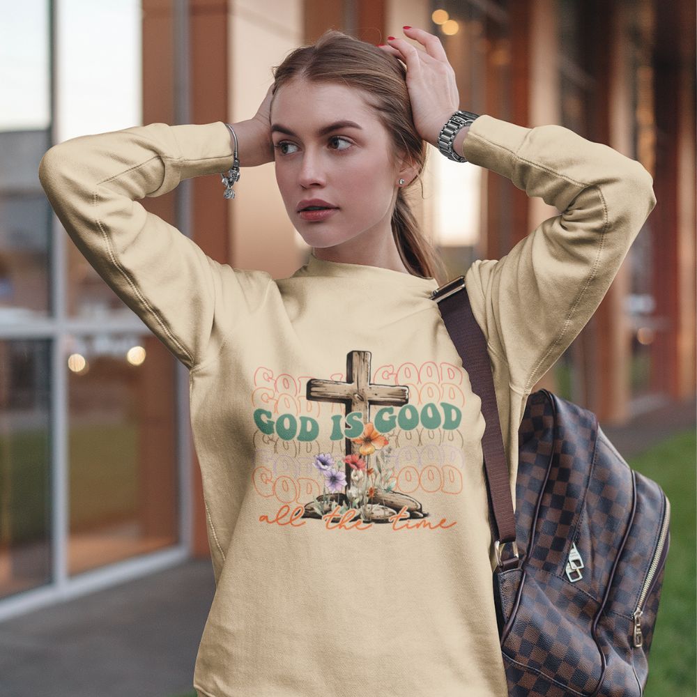 God is Good Women's Fleece Unisex - Fit Sweatshirt Sand / White - Jesus Passion Apparel