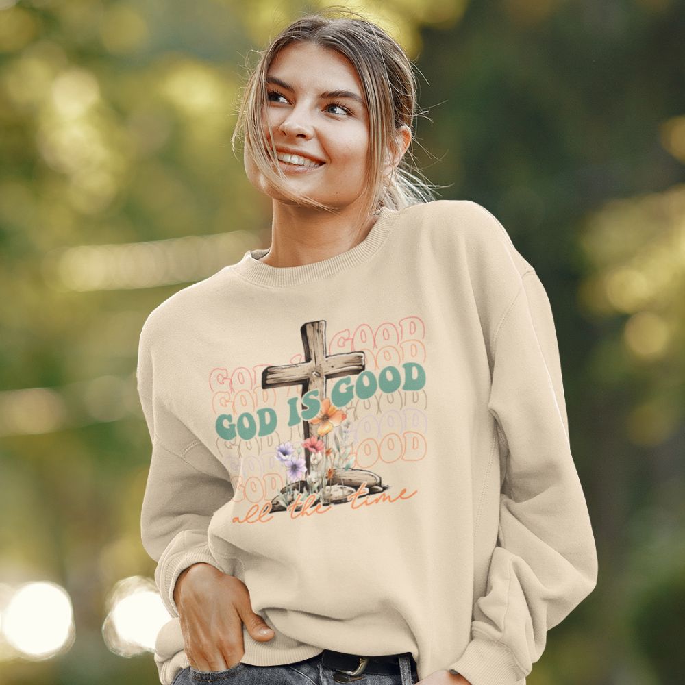 God is Good Women's Fleece Unisex - Fit Sweatshirt Sand / White - Jesus Passion Apparel